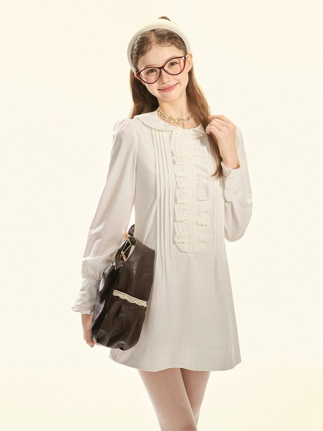 Girly Fancy Club White Accordion Pleat Ruffle Doll Collar Women's Polyester Casual Mini Dresses