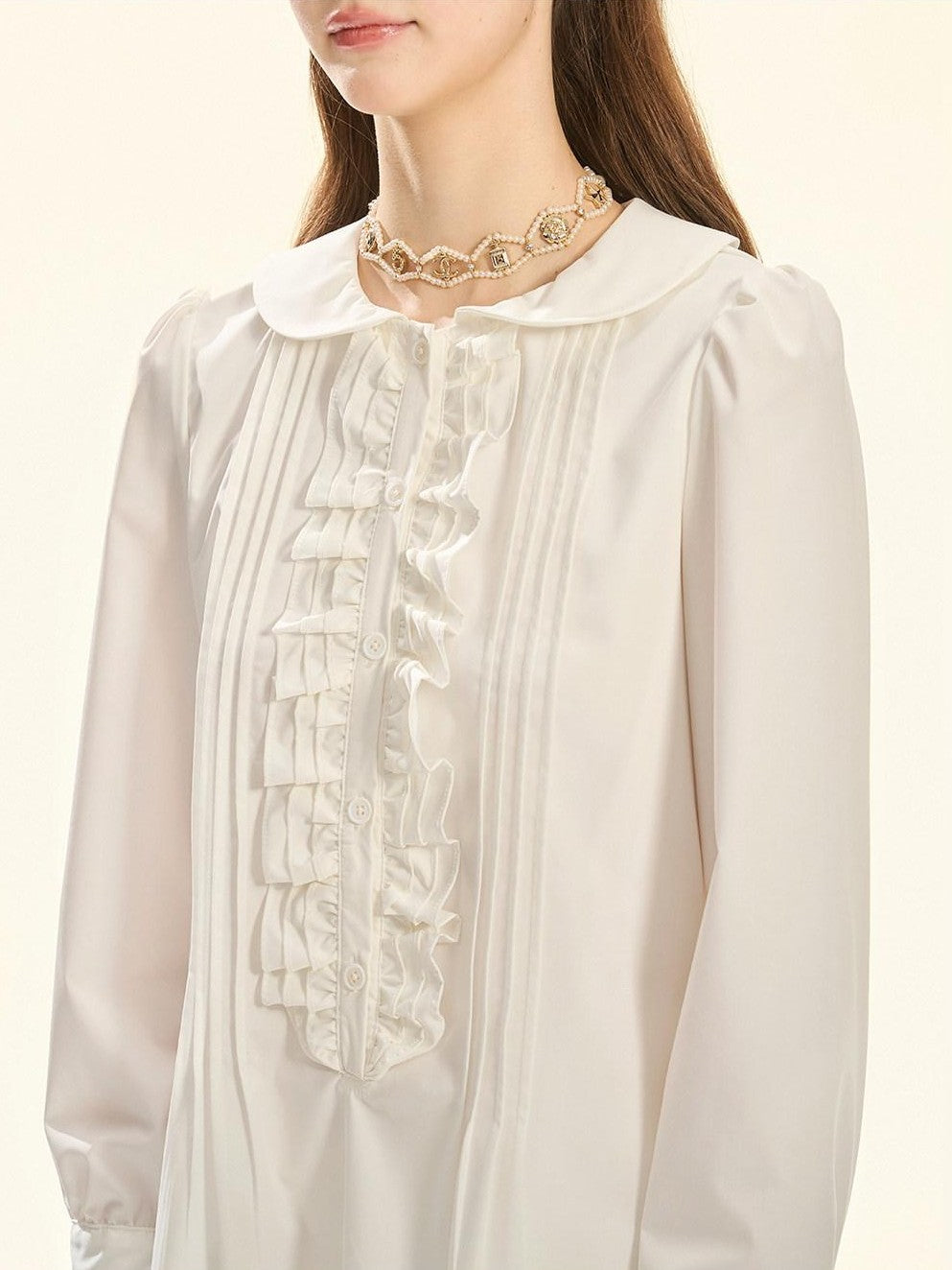 Girly Fancy Club White Accordion Pleat Ruffle Doll Collar Women's Polyester Casual Mini Dresses