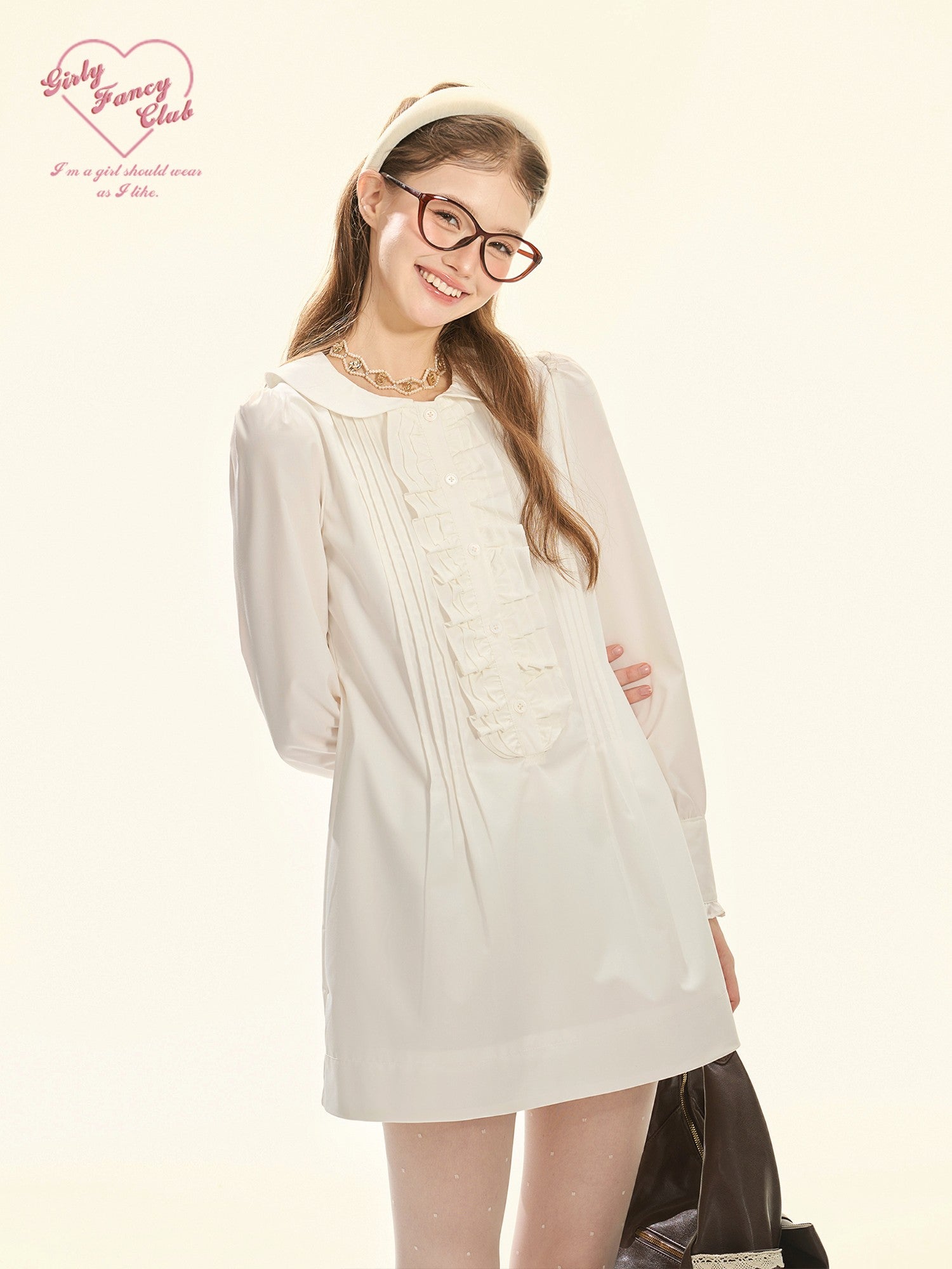 Girly Fancy Club White Accordion Pleat Ruffle Doll Collar Women's Polyester Casual Mini Dresses