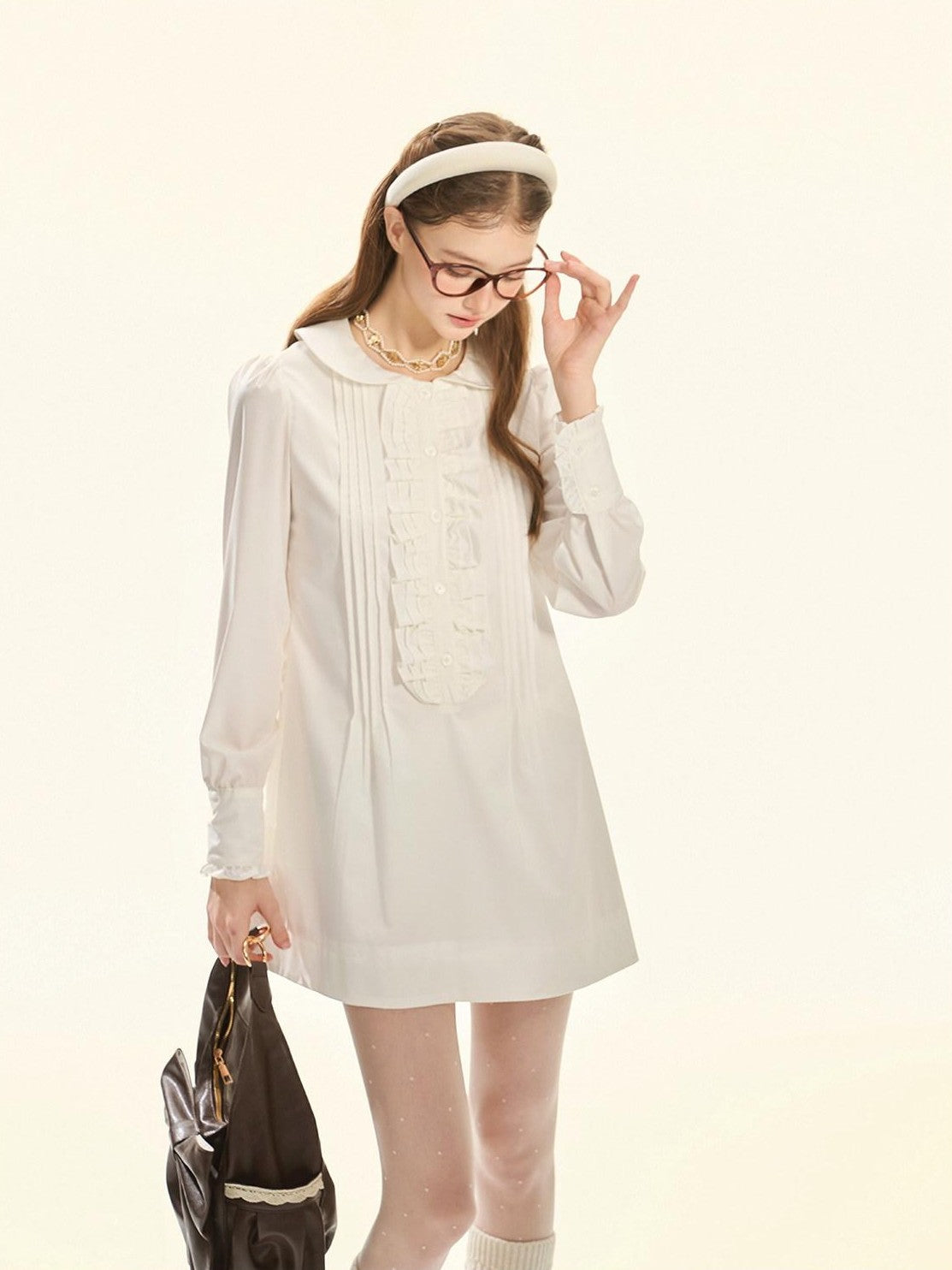 Girly Fancy Club White Accordion Pleat Ruffle Doll Collar Women's Polyester Casual Mini Dresses