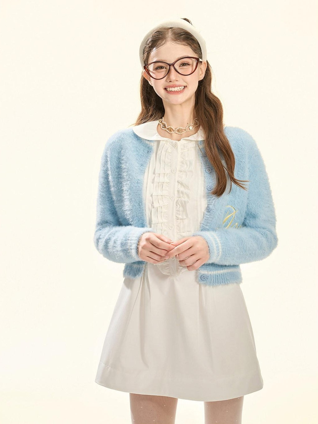 Girly Fancy Club White Accordion Pleat Ruffle Doll Collar Women's Polyester Casual Mini Dresses