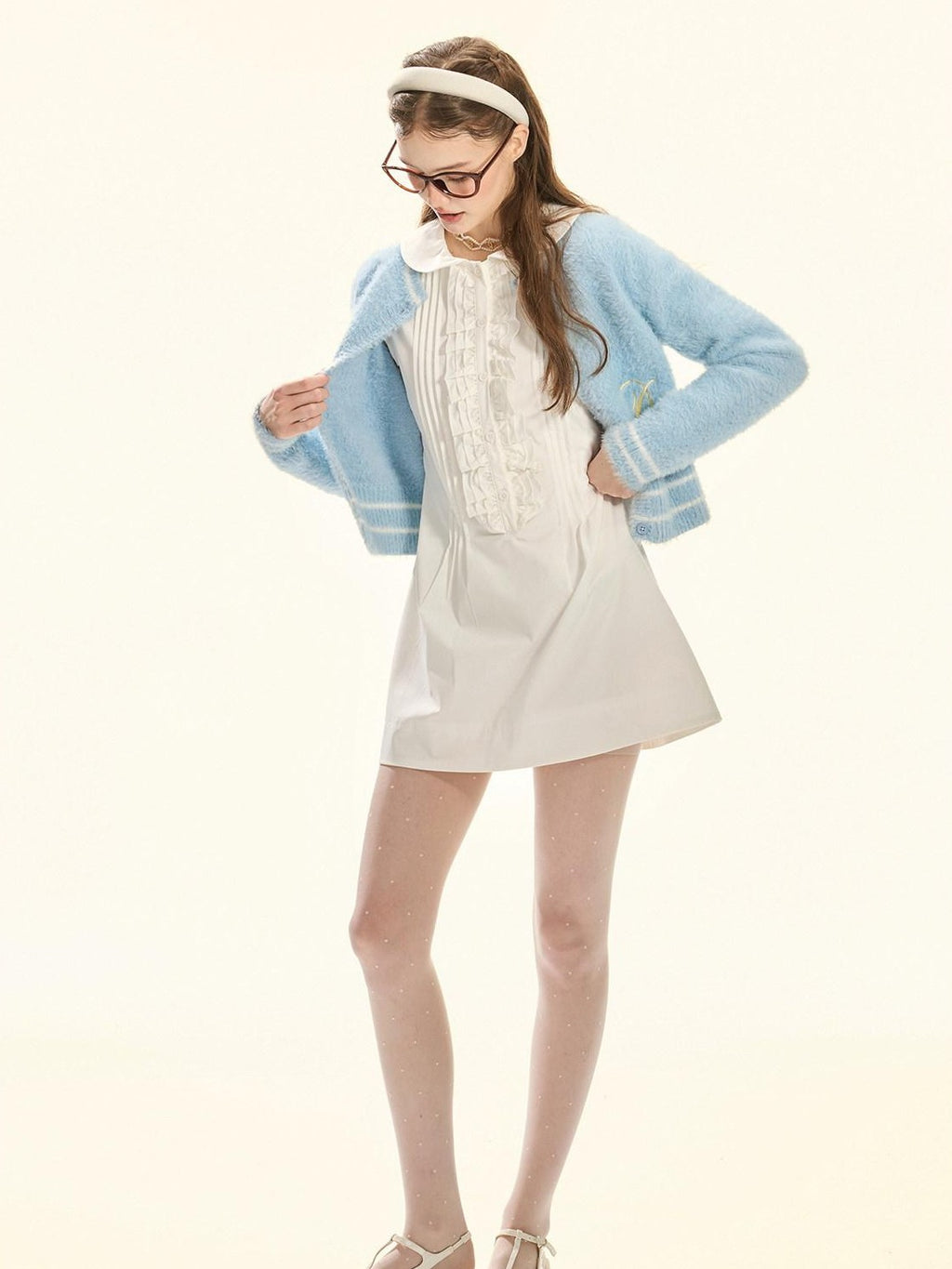 Girly Fancy Club White Accordion Pleat Ruffle Doll Collar Women's Polyester Casual Mini Dresses