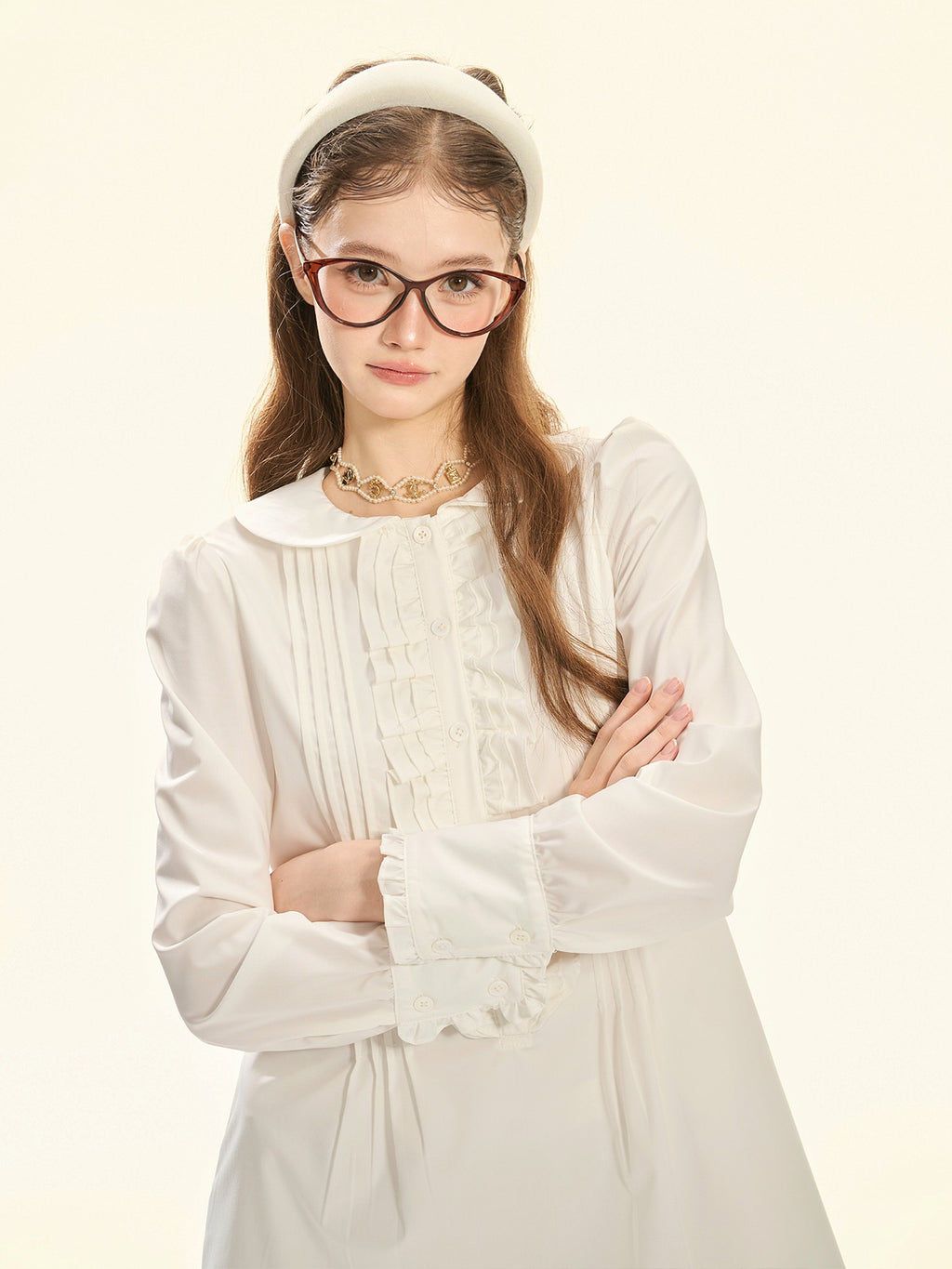 Girly Fancy Club White Accordion Pleat Ruffle Doll Collar Women's Polyester Casual Mini Dresses