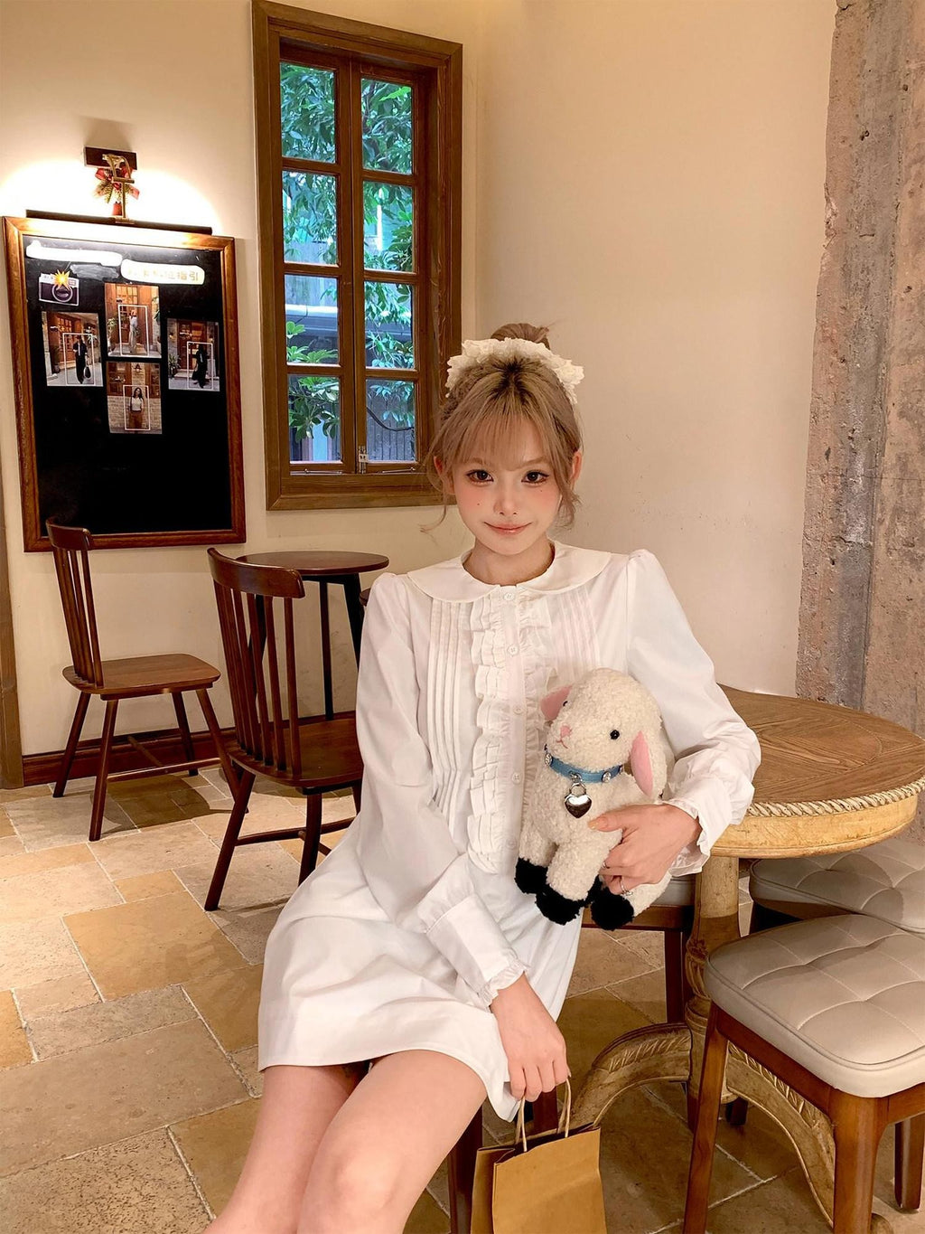 Girly Fancy Club White Accordion Pleat Ruffle Doll Collar Women's Polyester Casual Mini Dresses