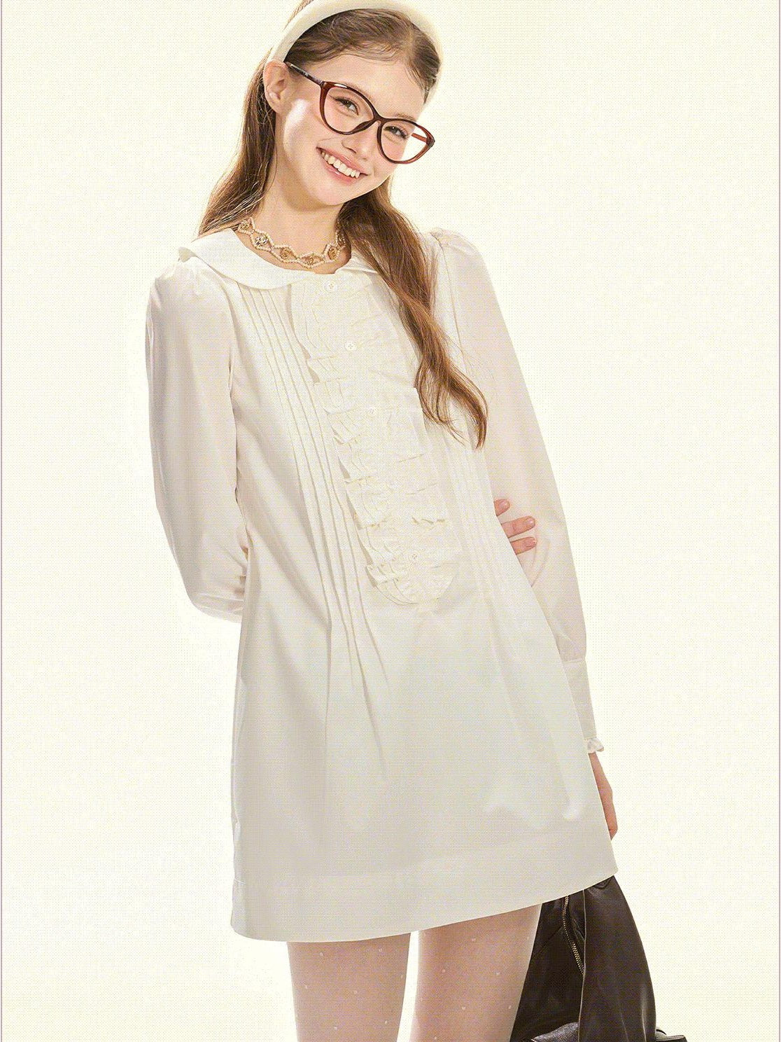 Girly Fancy Club White Accordion Pleat Ruffle Doll Collar Women's Polyester Casual Mini Dresses