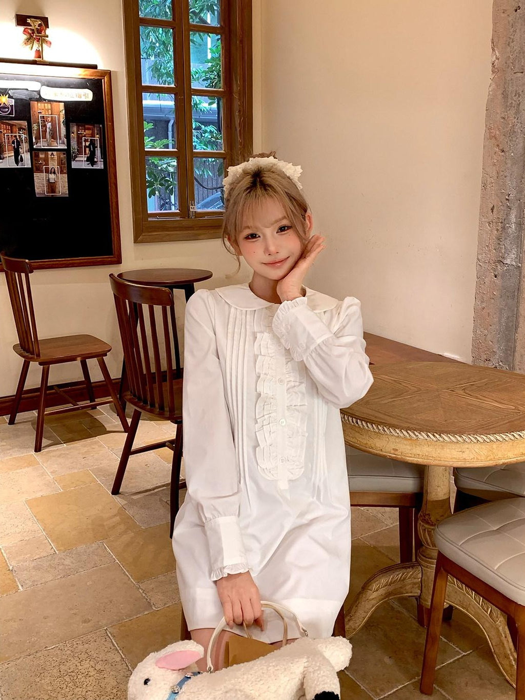 Girly Fancy Club White Accordion Pleat Ruffle Doll Collar Women's Polyester Casual Mini Dresses