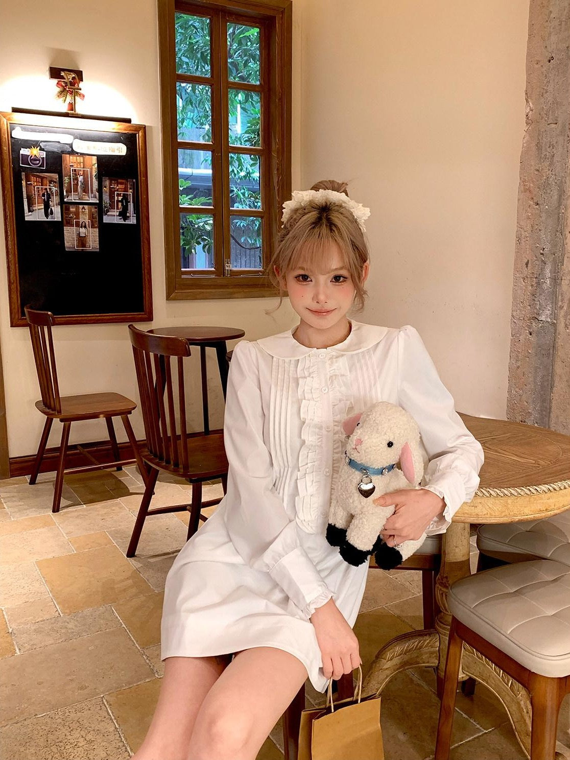 Girly Fancy Club White Accordion Pleat Ruffle Doll Collar Women's Polyester Casual Mini Dresses