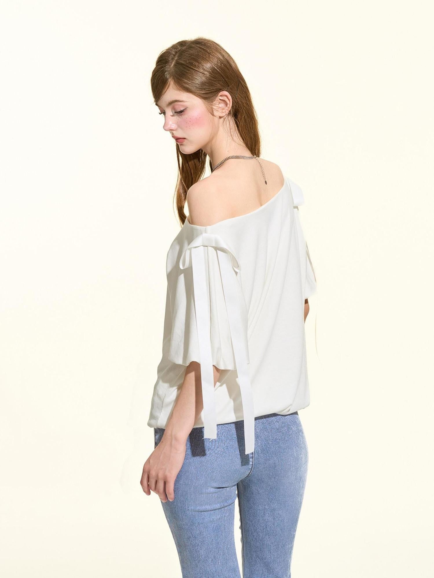 Girly Fancy Club White Bow Puff Sleeve Asymmetrical Women's Lyocell Knit Off-shoulder T-shirts