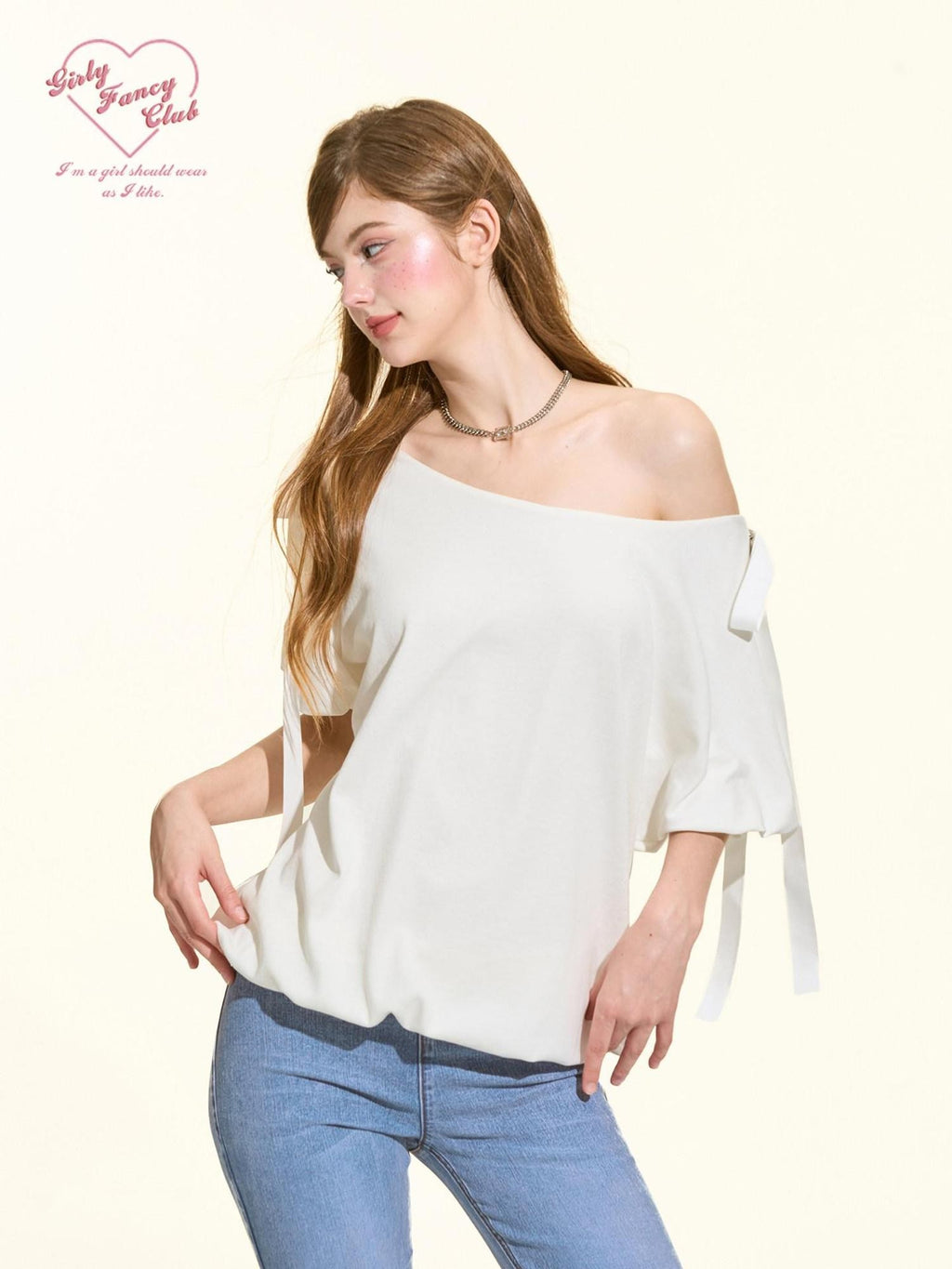 Girly Fancy Club White Bow Puff Sleeve Asymmetrical Women's Lyocell Knit Off-shoulder T-shirts