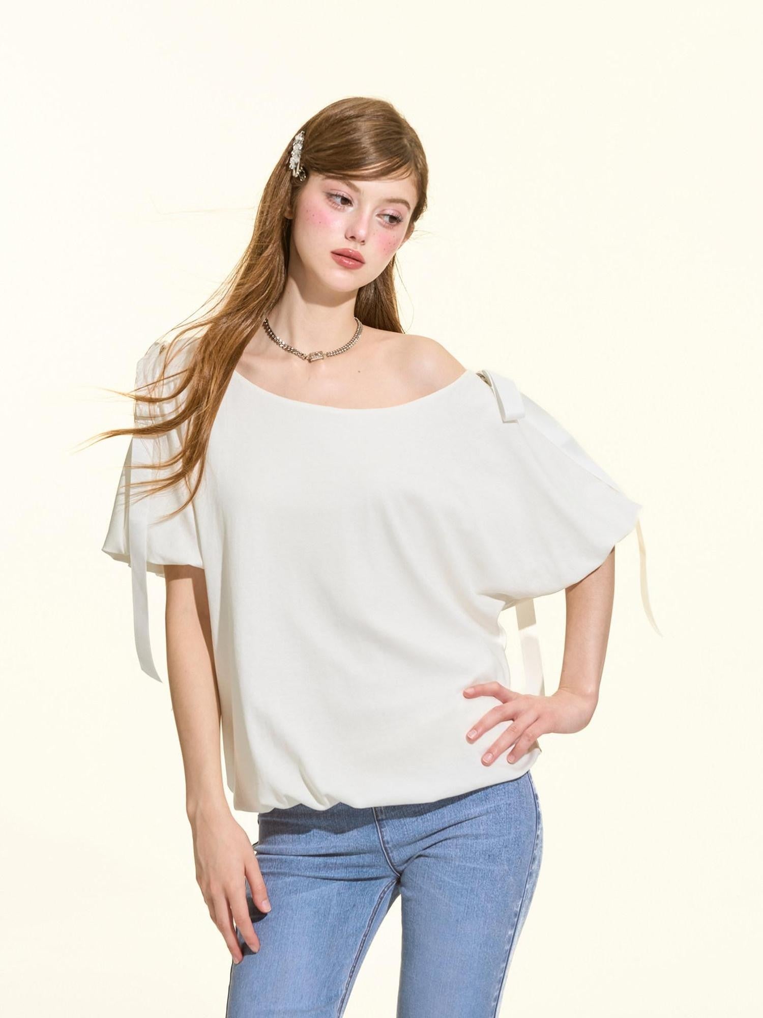 Girly Fancy Club White Bow Puff Sleeve Asymmetrical Women's Lyocell Knit Off-shoulder T-shirts