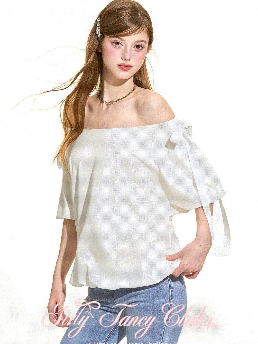 Girly Fancy Club White Bow Puff Sleeve Asymmetrical Women's Lyocell Knit Off-shoulder T-shirts