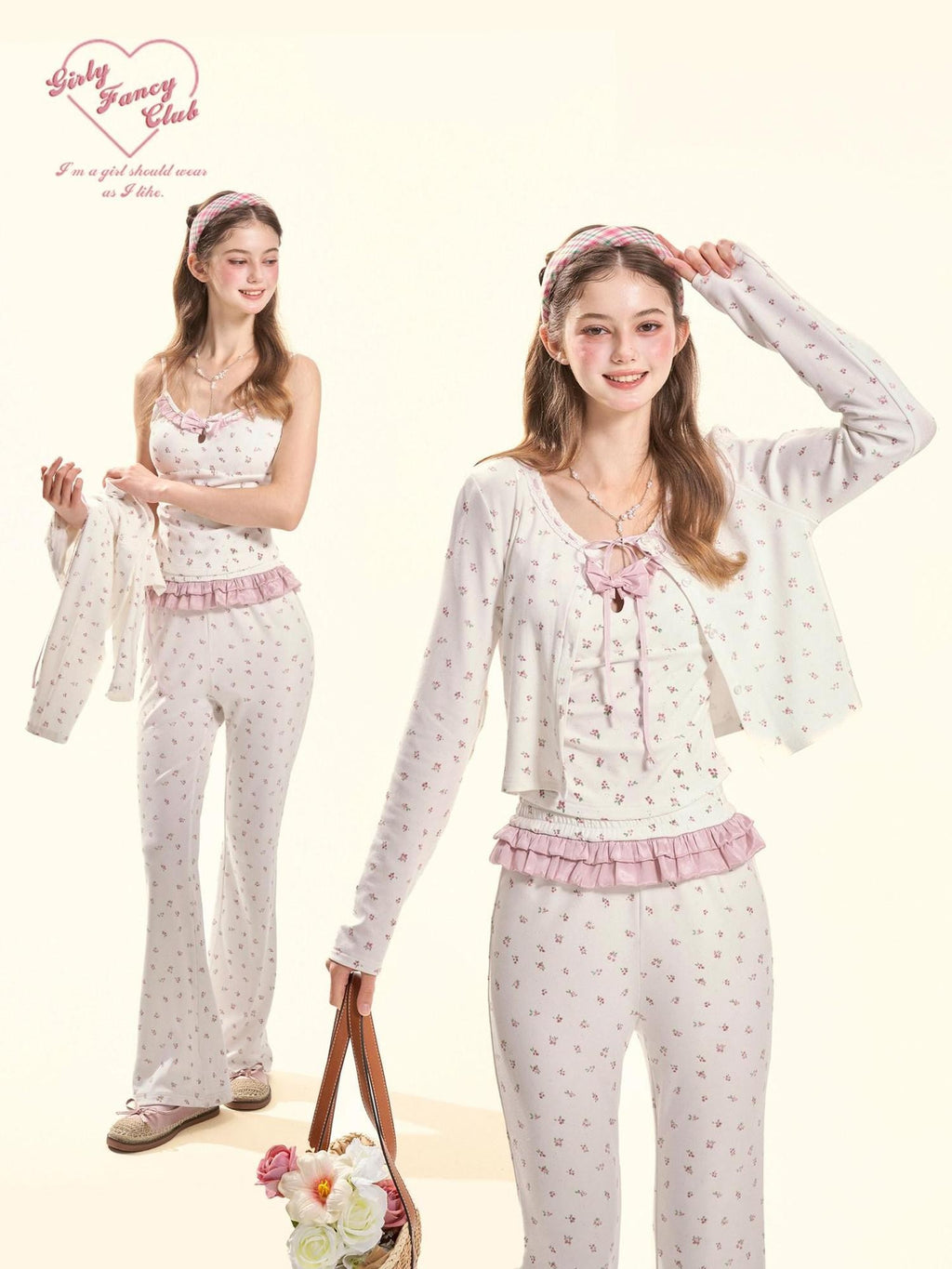 Girly Fancy Club White Ditsy Floral Cardigan Camisole Women's Cotton Lounge Top & Pants Sets