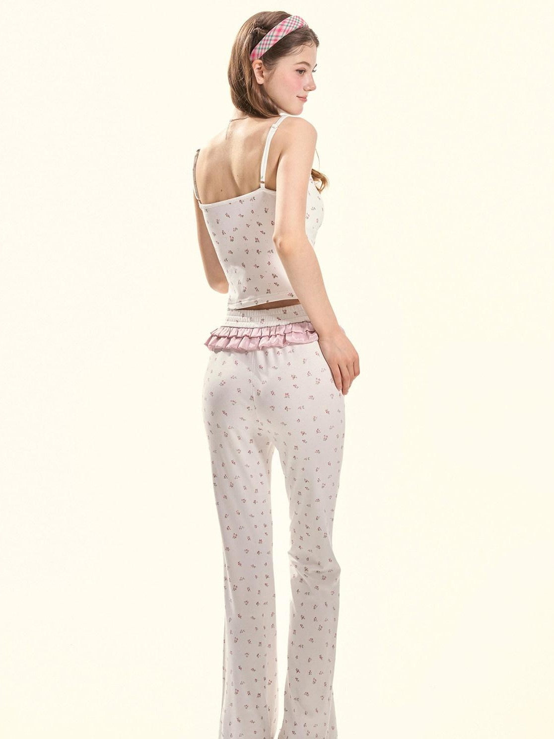 Girly Fancy Club White Ditsy Floral Cardigan Camisole Women's Cotton Lounge Top & Pants Sets