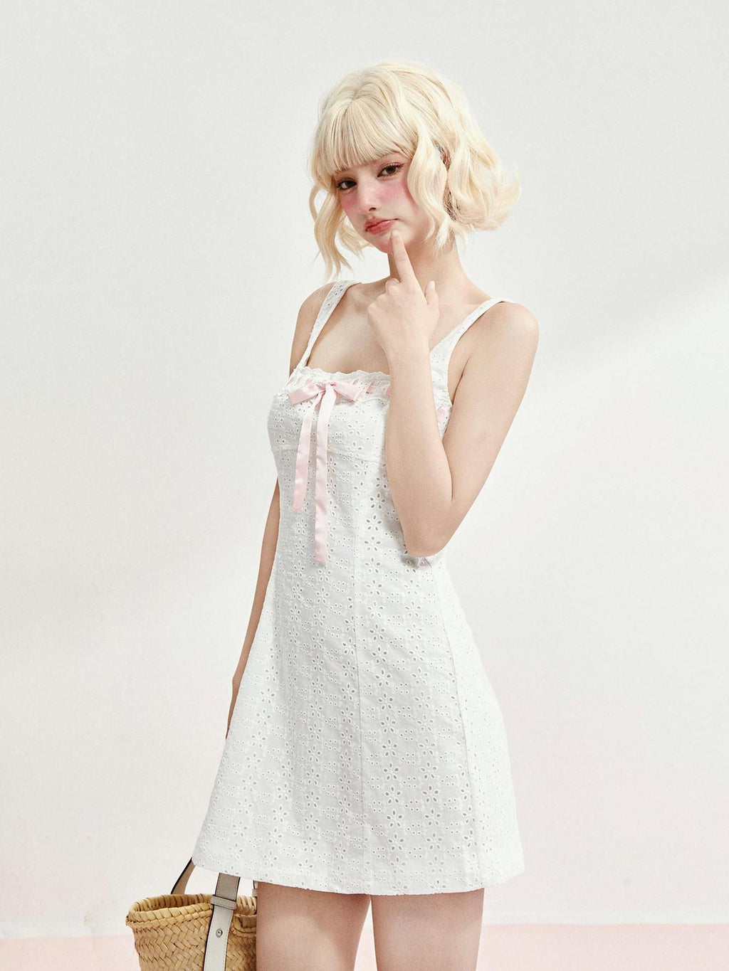 Girly Fancy Club White Embroidered Cinched Waist Women's Cotton Slip Mini Dresses