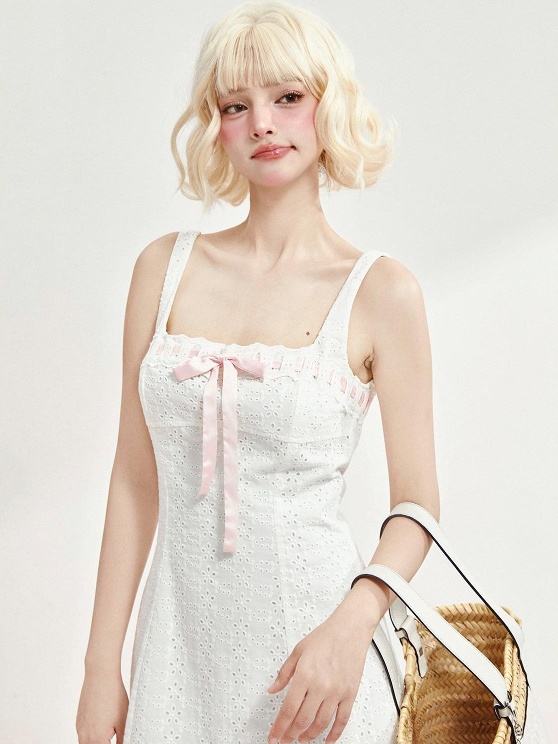Girly Fancy Club White Embroidered Cinched Waist Women's Cotton Slip Mini Dresses