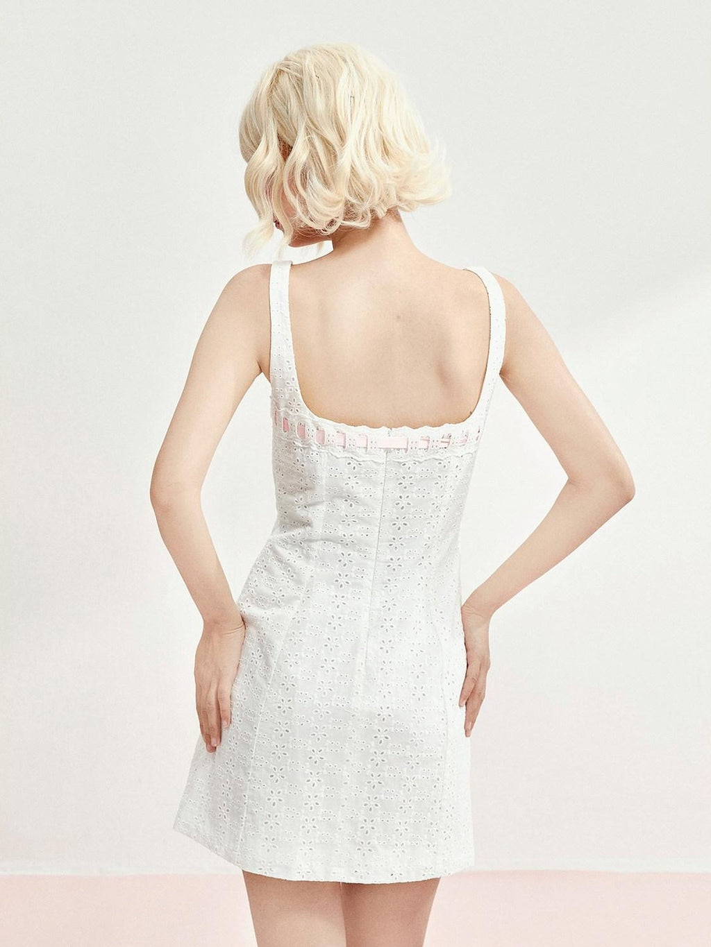Girly Fancy Club White Embroidered Cinched Waist Women's Cotton Slip Mini Dresses