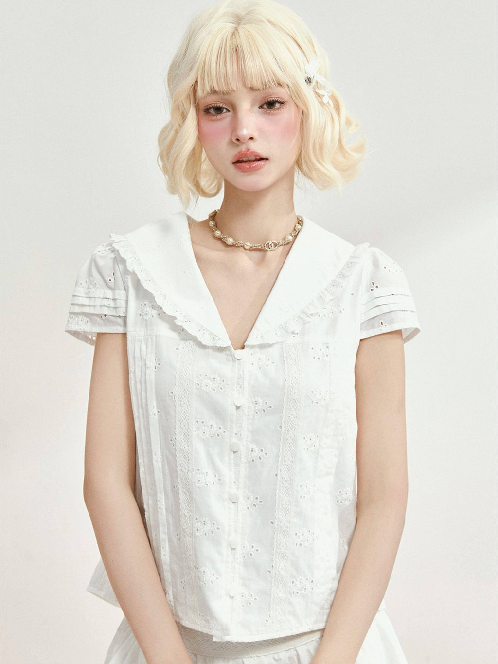 Girly Fancy Club White Embroidered Lace Sailor Collar Pleated Women's Cotton Short Sleeve T-shirts