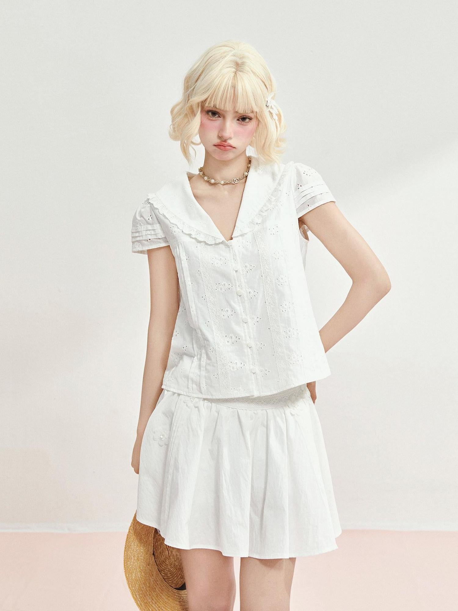 Girly Fancy Club White Embroidered Lace Sailor Collar Pleated Women's Cotton Short Sleeve T-shirts