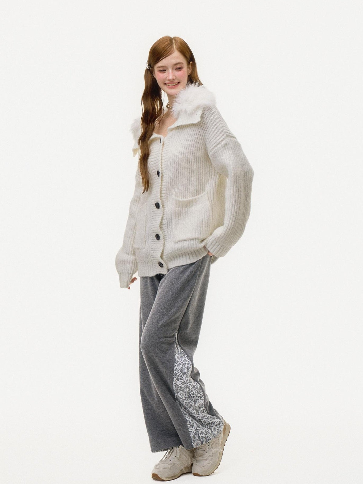 Girly Fancy Club White Faux Fur Collar Button Up Knit Women's Cardigans
