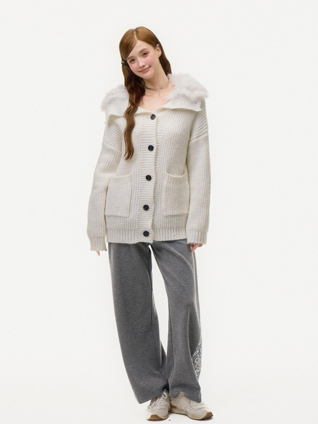Girly Fancy Club White Faux Fur Collar Button Up Knit Women's Cardigans