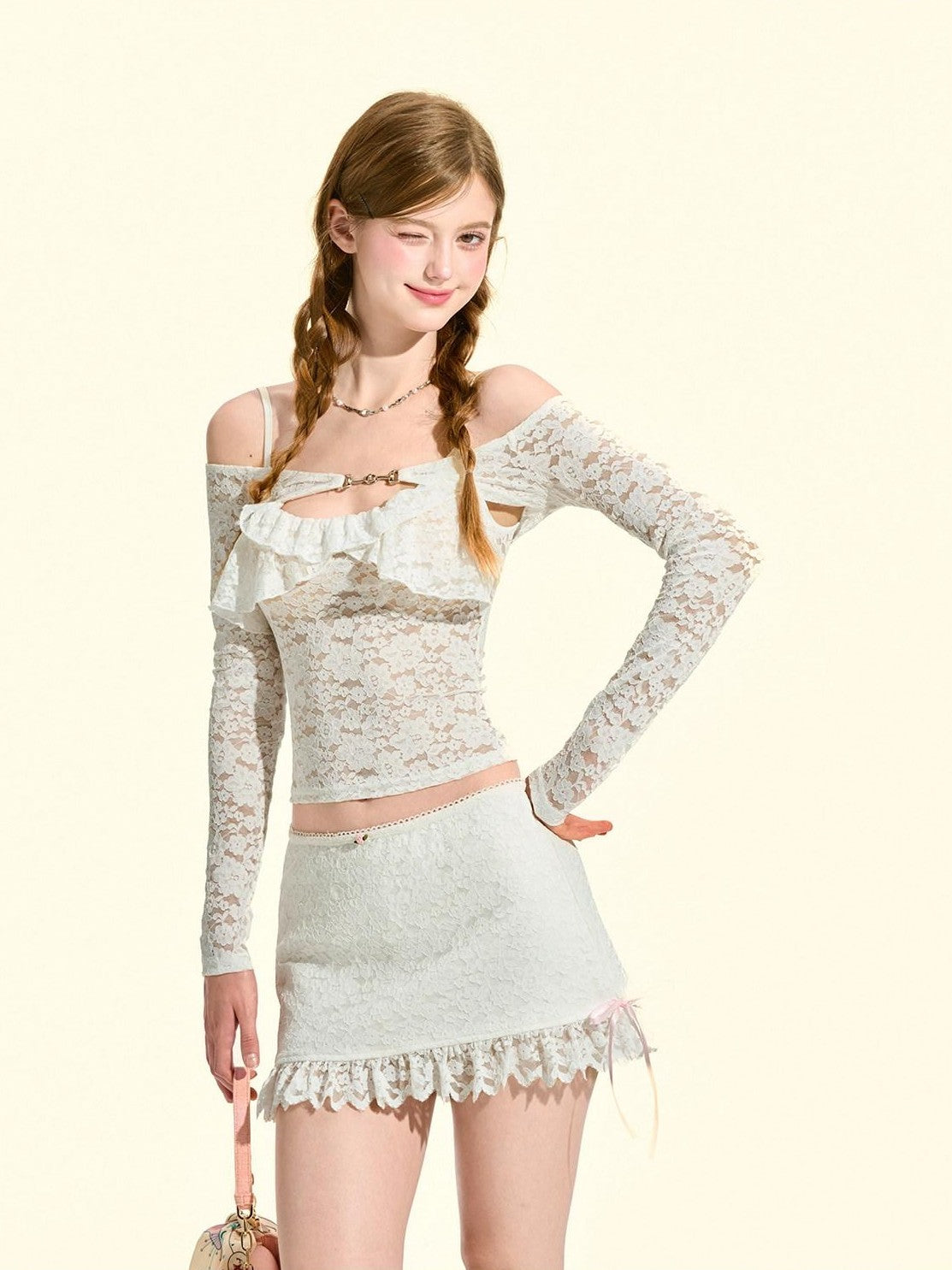 Girly Fancy Club White French Ruffle Cutout Lace Aline Low Waist Women's Lace Mini Skirts