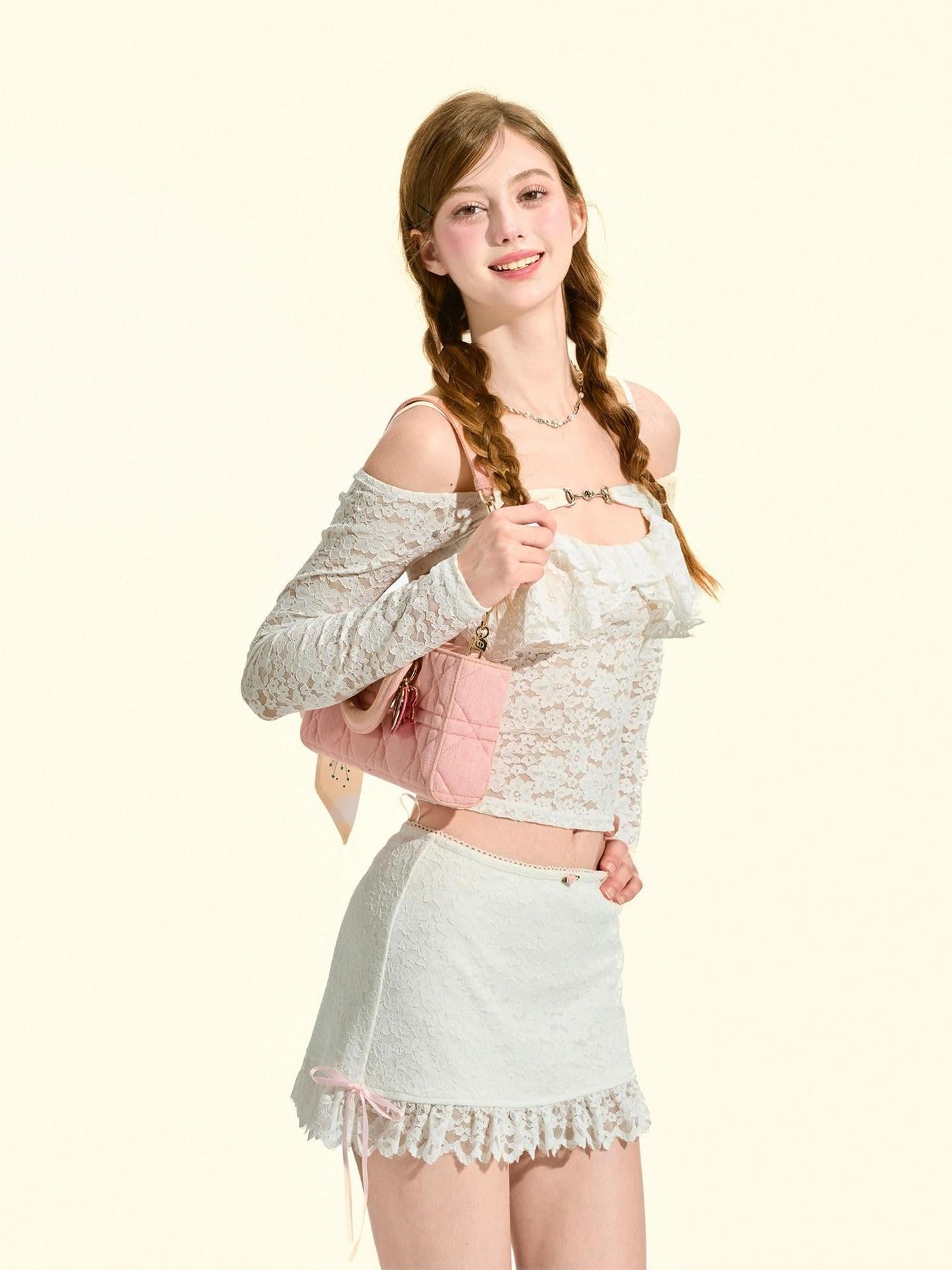 Girly Fancy Club White French Ruffle Cutout Lace Aline Low Waist Women's Lace Mini Skirts
