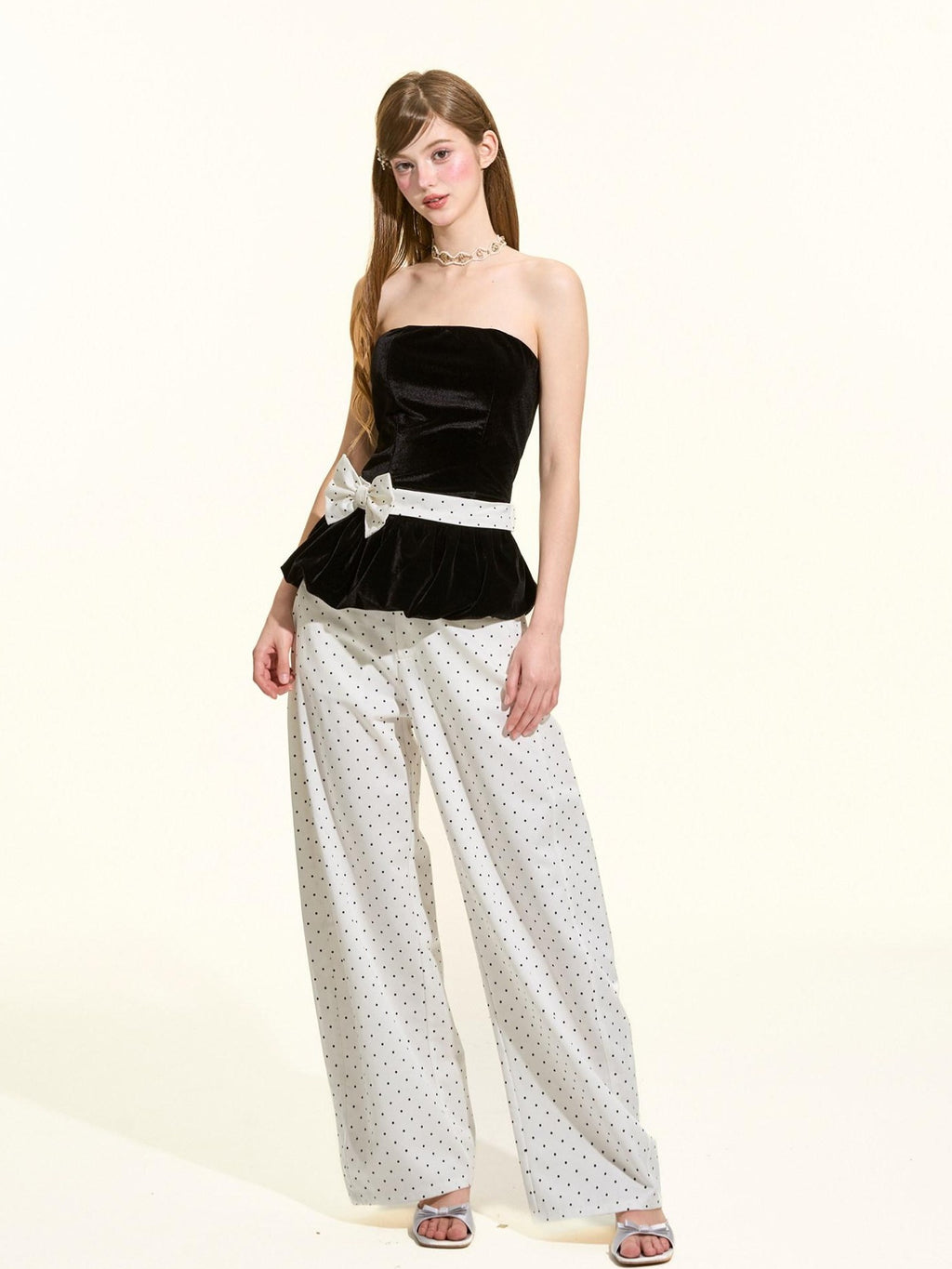 Girly Fancy Club White Polka Dot Printed Relaxed Curved Leg Women's Tencel Cotton Blend Chinos