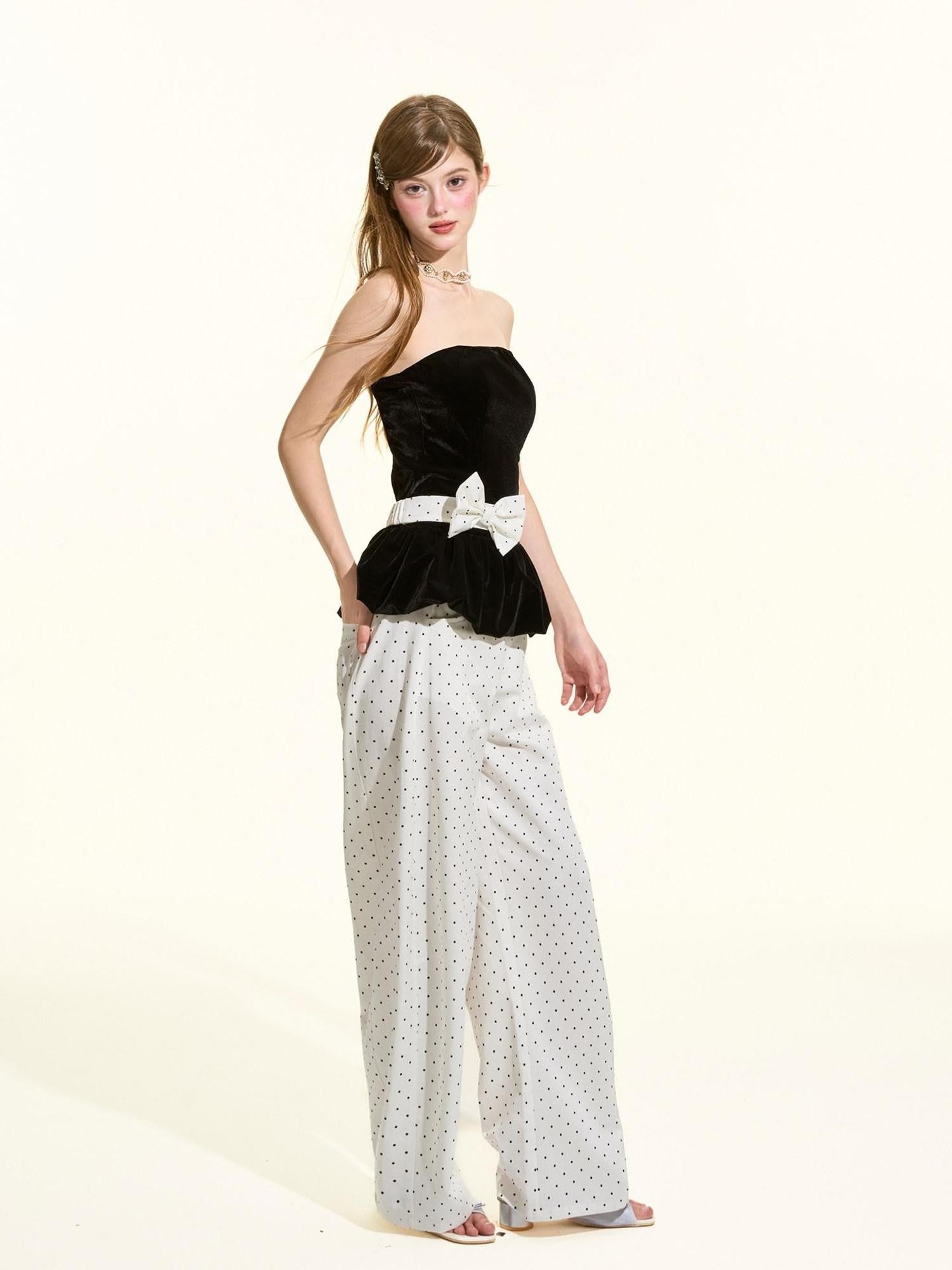 Girly Fancy Club White Polka Dot Printed Relaxed Curved Leg Women's Tencel Cotton Blend Chinos