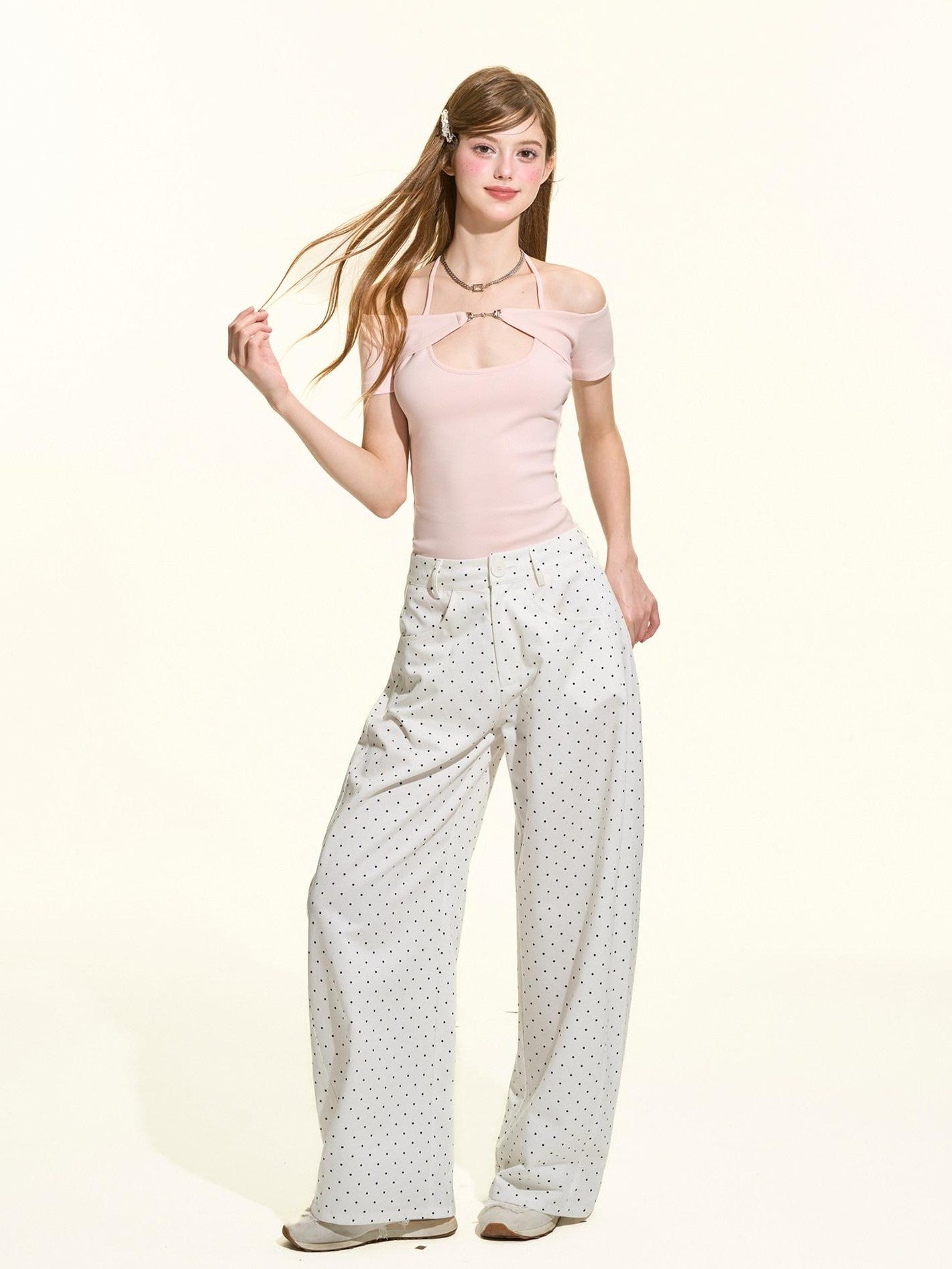 Girly Fancy Club White Polka Dot Printed Relaxed Curved Leg Women's Tencel Cotton Blend Chinos