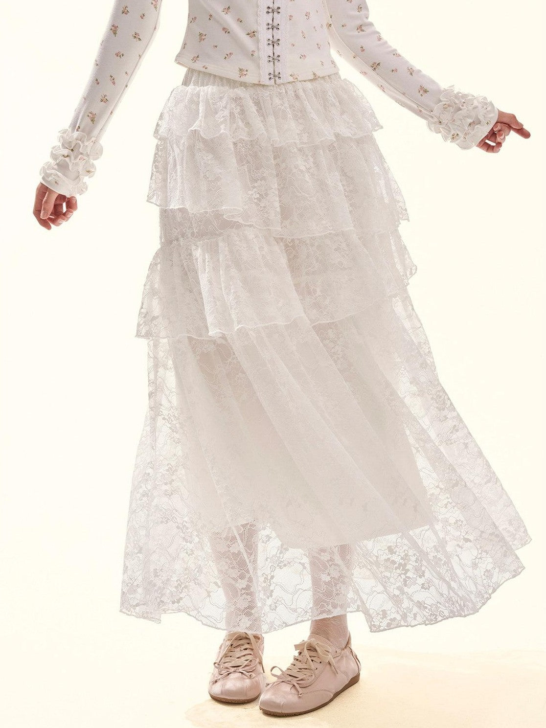 Girly Fancy Club White Puff Layered Ruffle Irregular Cake Hollow Women's Lace Tiered Skirts