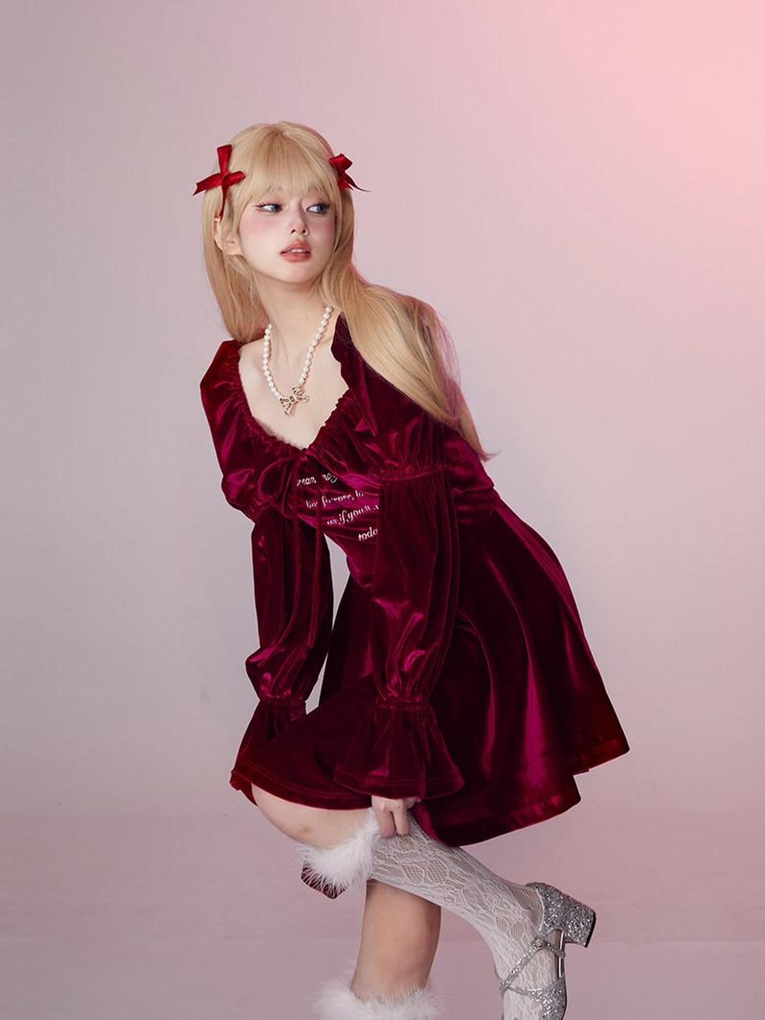Girly Fancy Club Wine Red Embroidered Asymmetric High Waist Women's Velvet Bodycon Midi Dresses
