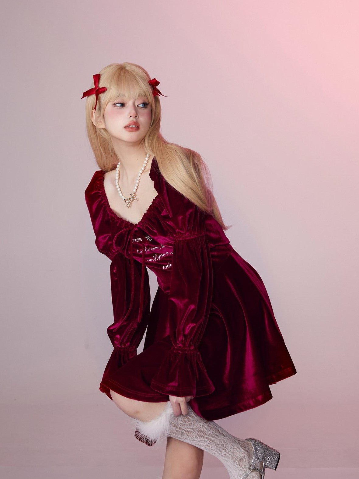 Girly Fancy Club Wine Red Embroidered Asymmetric High Waist Women's Velvet Bodycon Midi Dresses