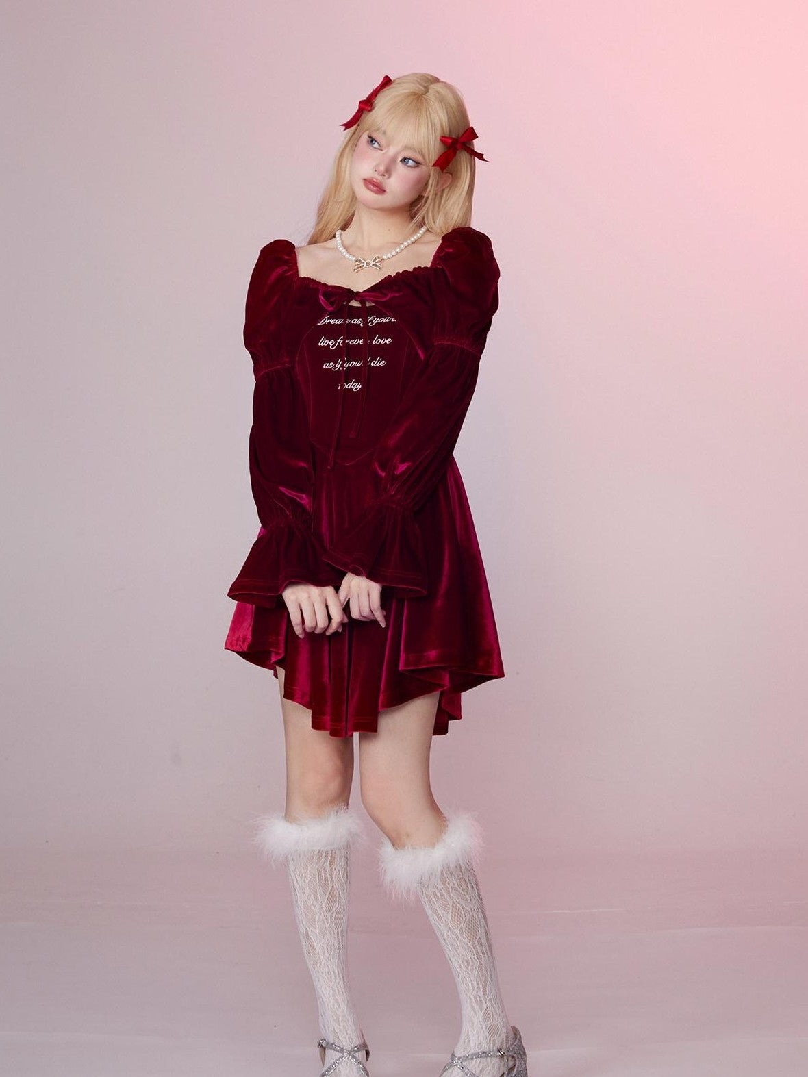 Girly Fancy Club Wine Red Embroidered Asymmetric High Waist Women's Velvet Bodycon Midi Dresses