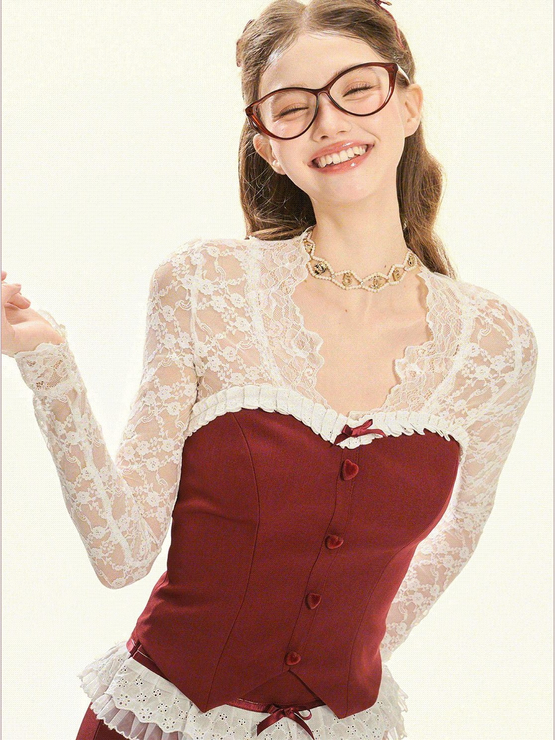 Girly Fancy Club Wine Red Lace Spliced Strapless Women's Polyester Casual Top & Shorts Sets