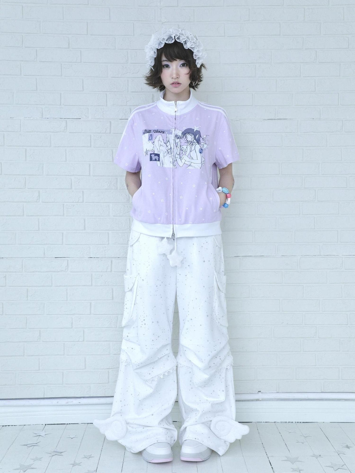 Hashtag DDD Angel Illustration Star Print Purple Cotton Women's Short Sleeve Cropped Jackets