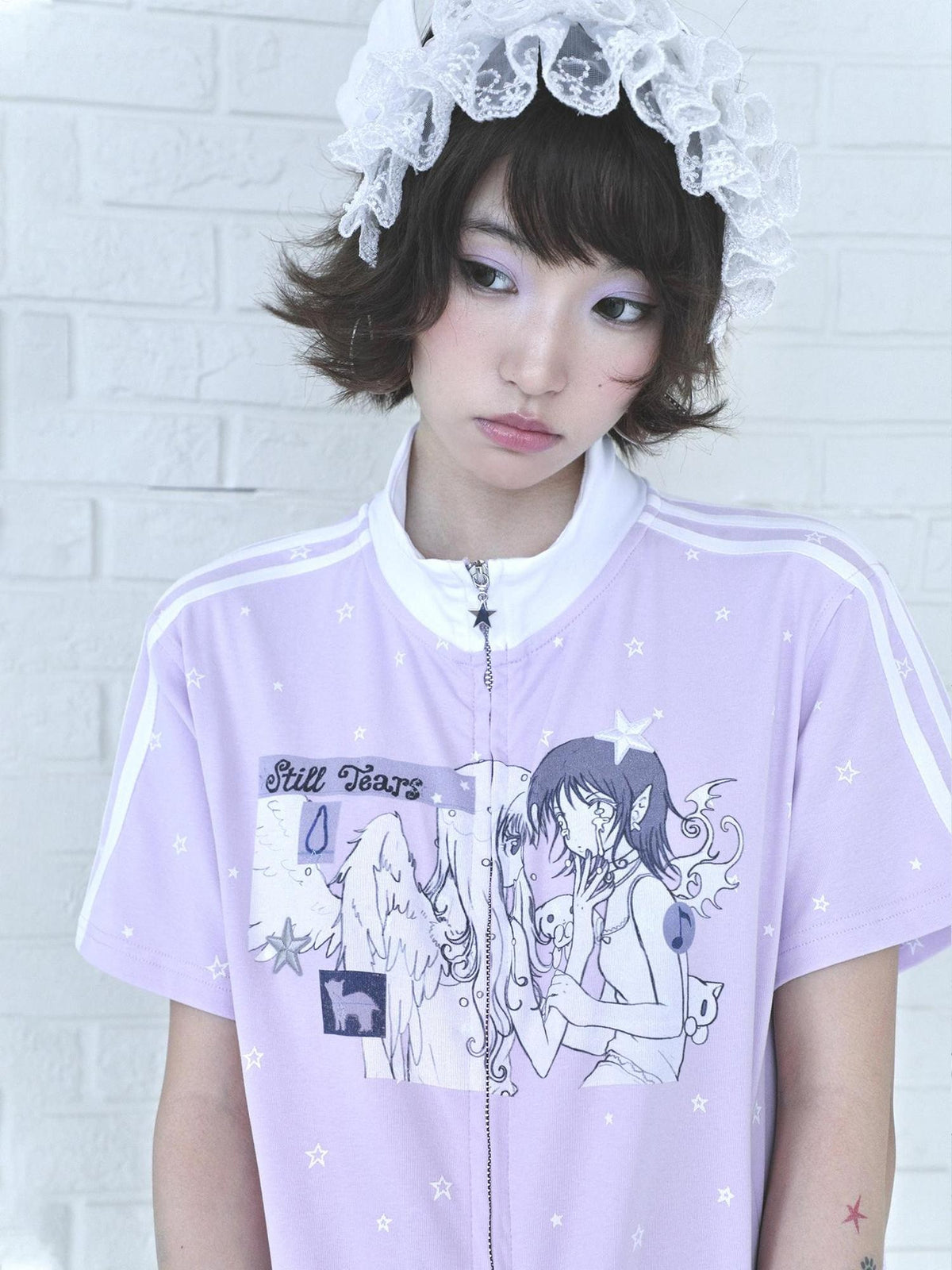 Hashtag DDD Angel Illustration Star Print Purple Cotton Women's Short Sleeve Cropped Jackets