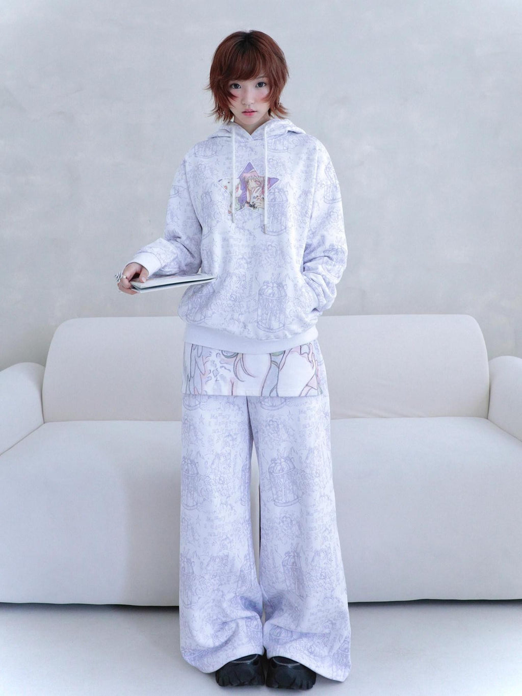 Hashtag DDD Angel White Angel Motif Faux Layered Women's Cotton Blend Sweatpants