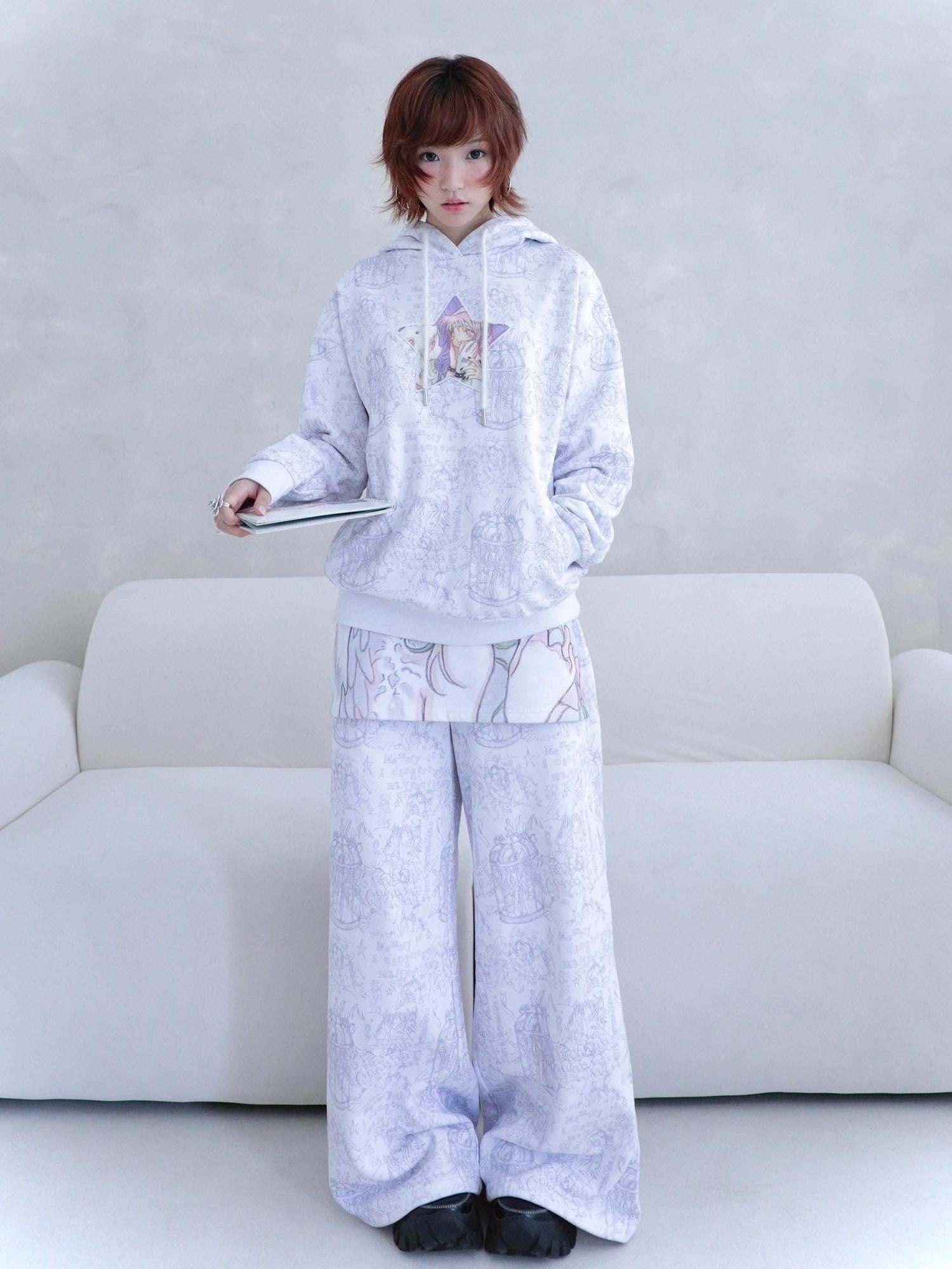Hashtag DDD Angel White Angel Motif Faux Layered Women's Cotton Blend Sweatpants