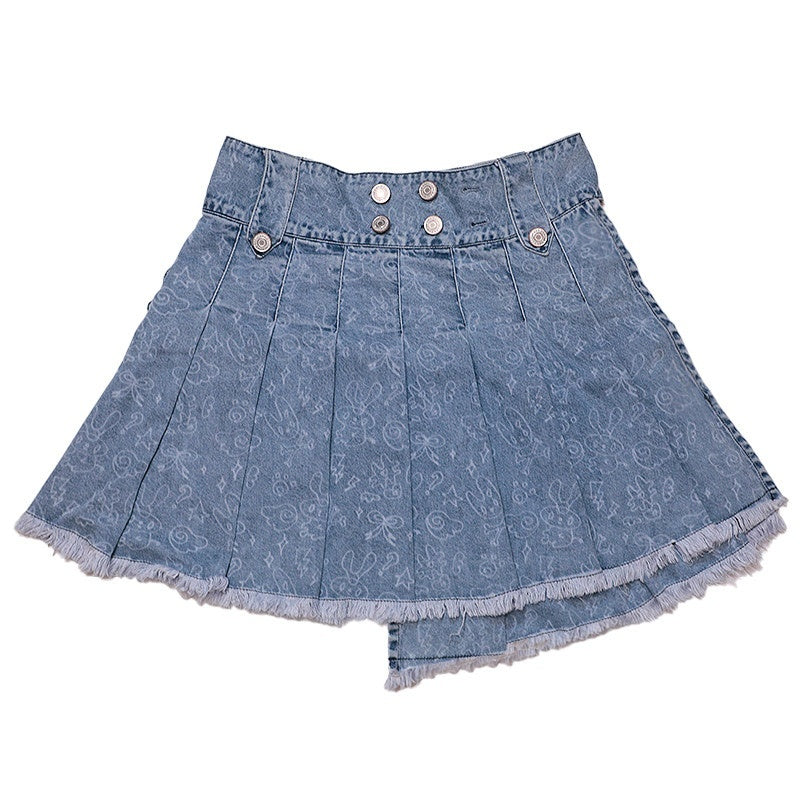 Hashtag_DDD_Angel_Wing_Print_Raw_Hem_Washed_A_Line_Women's_Cotton_Denim_Pleated_Skirts_800367528599_MISSTT