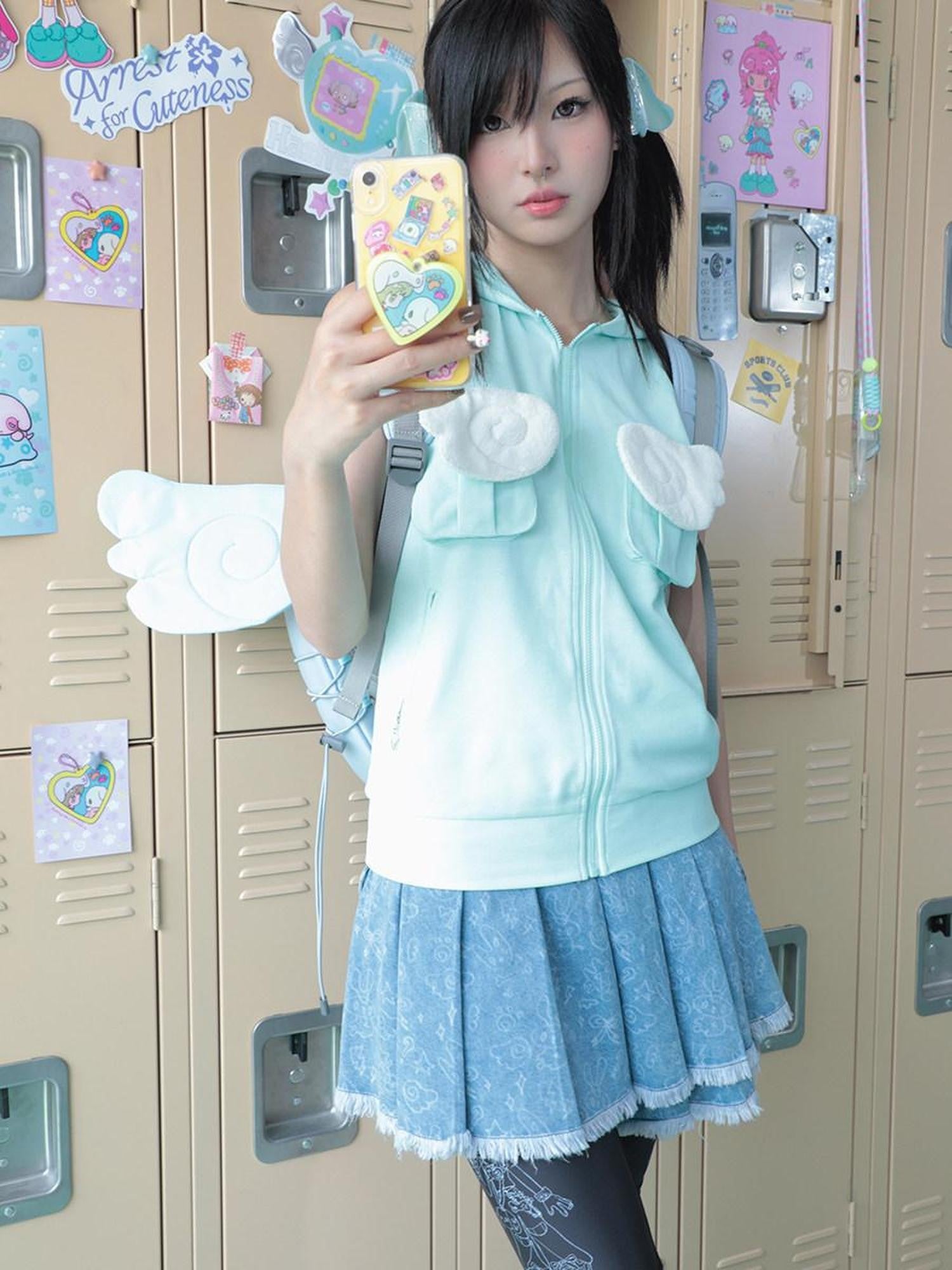 Hashtag DDD Angel Wing Print Raw Hem Washed A Line Women's Cotton Denim Pleated Skirts