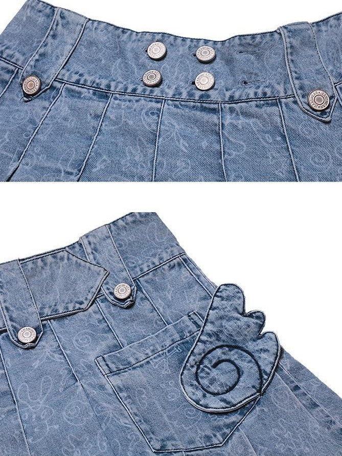 Hashtag DDD Angel Wing Print Raw Hem Washed A Line Women's Cotton Denim Pleated Skirts