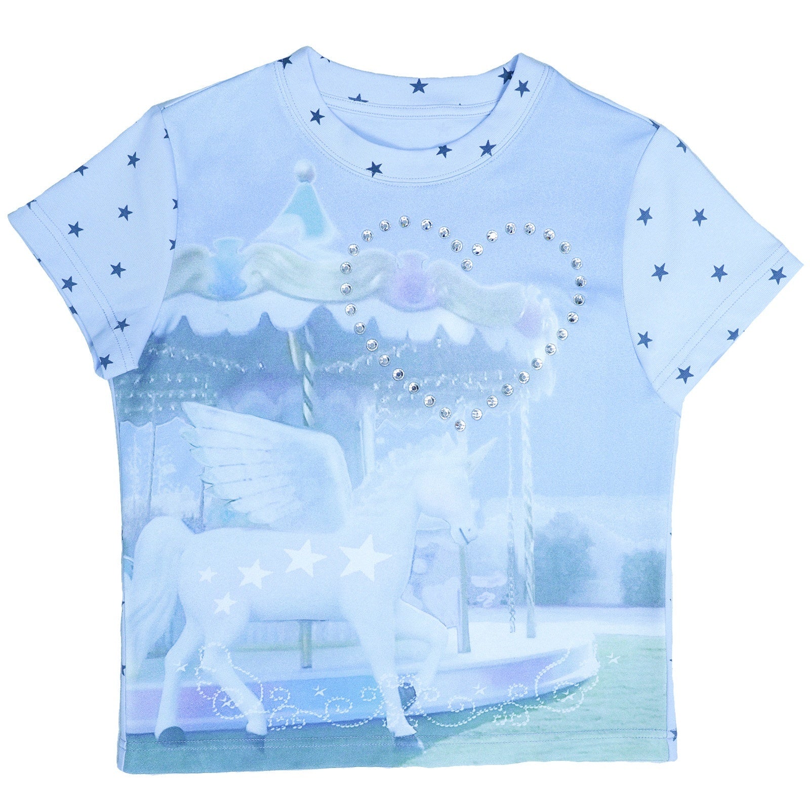 Hashtag_DDD_Aqua_Blue_Unicorn_Carousel_Rhinestone_Women's_Cotton_Short_Sleeve_T-shirts_1052264516624_MISSTT
