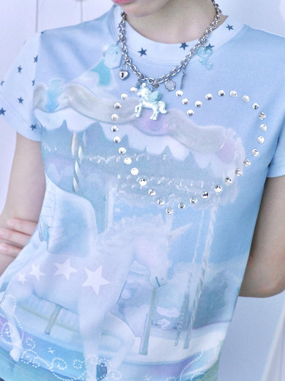 Hashtag DDD Aqua Blue Unicorn Carousel Rhinestone Women's Cotton Short Sleeve T-shirts
