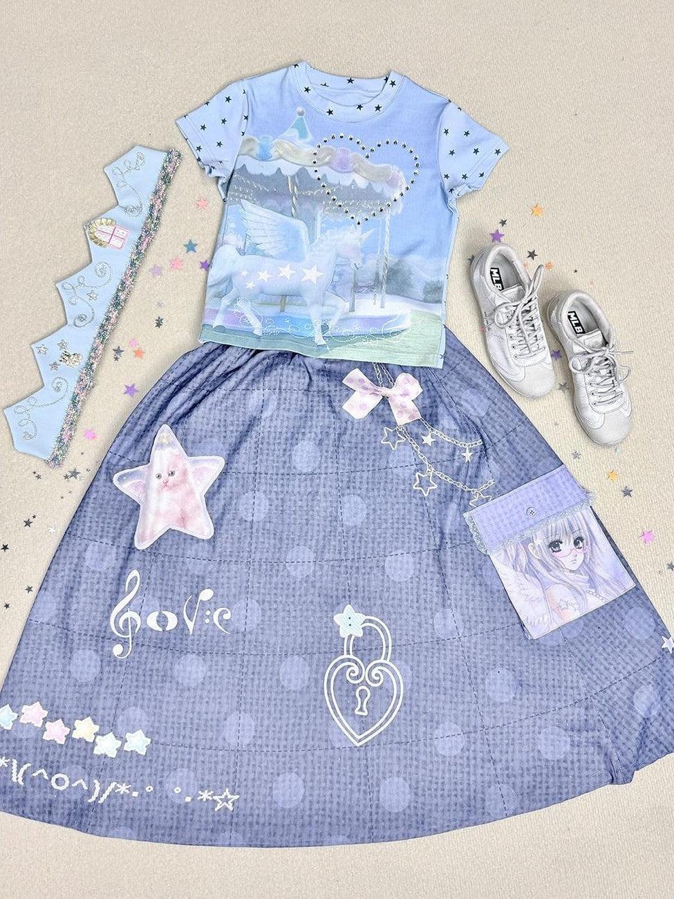 Hashtag DDD Aqua Blue Unicorn Carousel Rhinestone Women's Cotton Short Sleeve T-shirts
