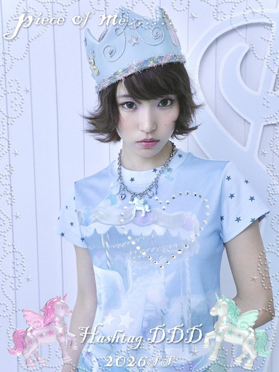 Hashtag DDD Aqua Blue Unicorn Carousel Rhinestone Women's Cotton Short Sleeve T-shirts