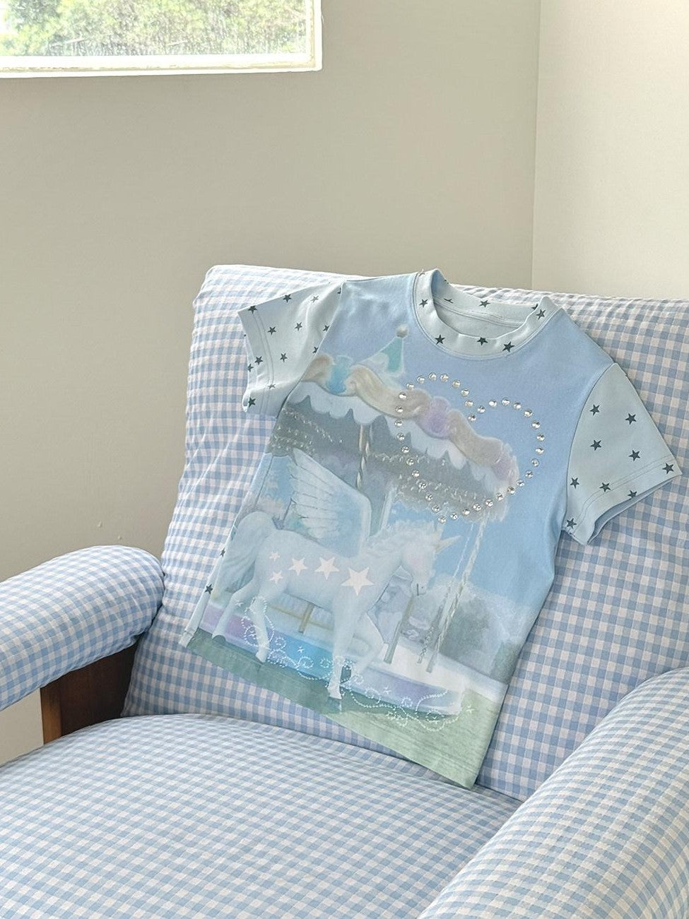 Hashtag DDD Aqua Blue Unicorn Carousel Rhinestone Women's Cotton Short Sleeve T-shirts