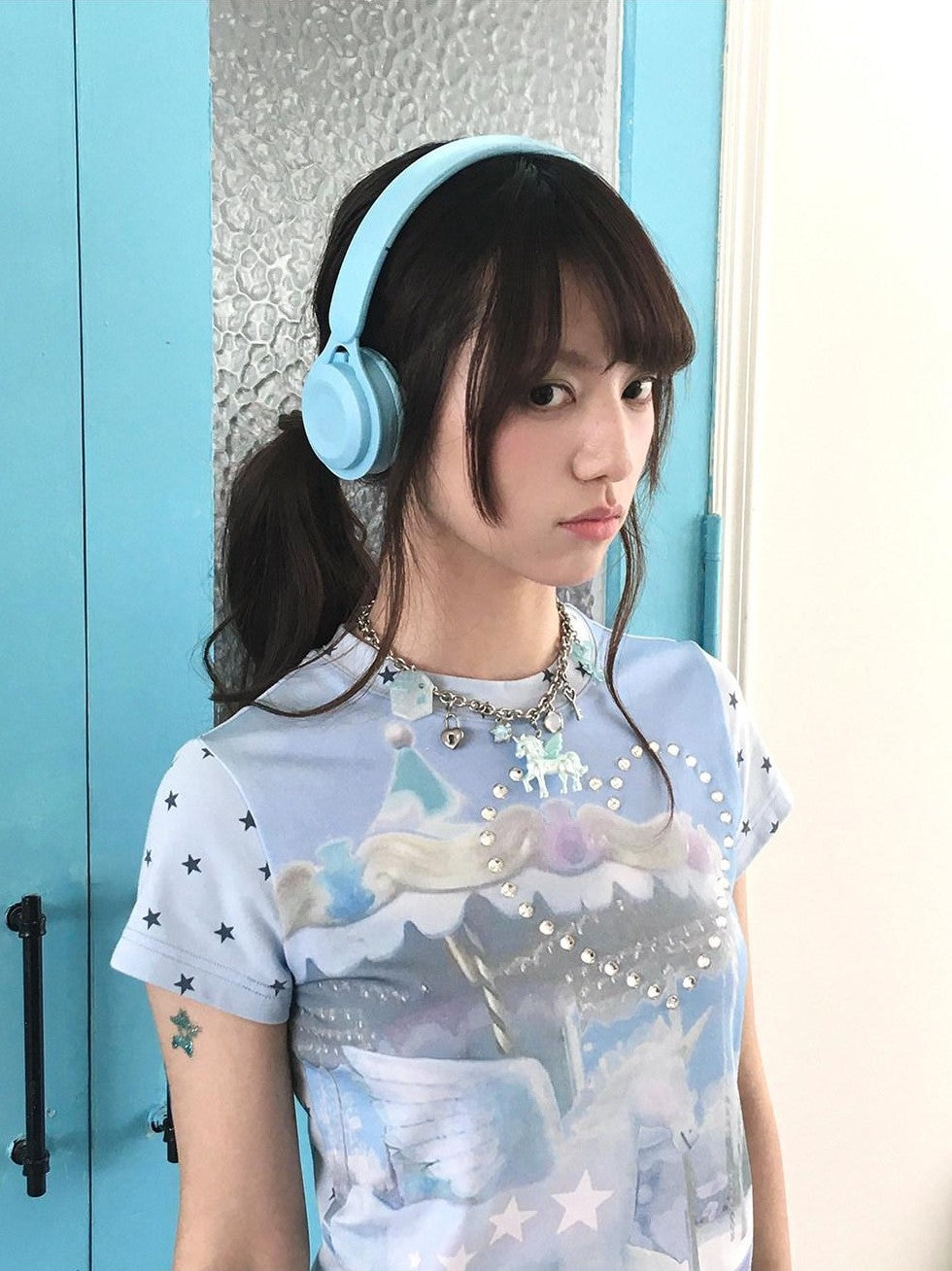 Hashtag DDD Aqua Blue Unicorn Carousel Rhinestone Women's Cotton Short Sleeve T-shirts
