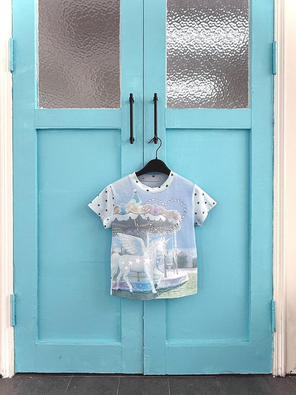 Hashtag DDD Aqua Blue Unicorn Carousel Rhinestone Women's Cotton Short Sleeve T-shirts