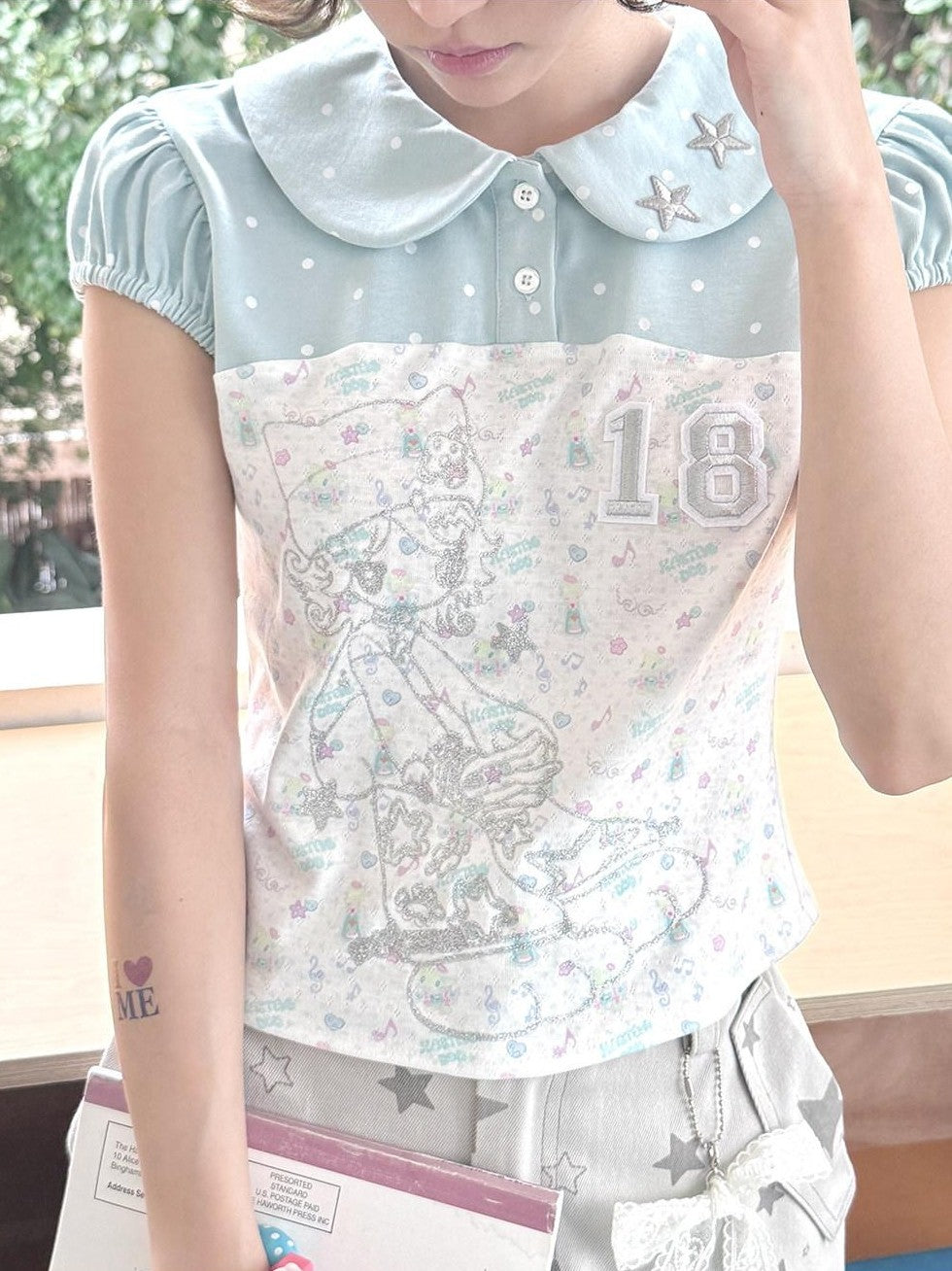 Hashtag DDD Aqua Green Print Doll Collar Puff Sleeve Women's Polyester Short Sleeve T-shirts