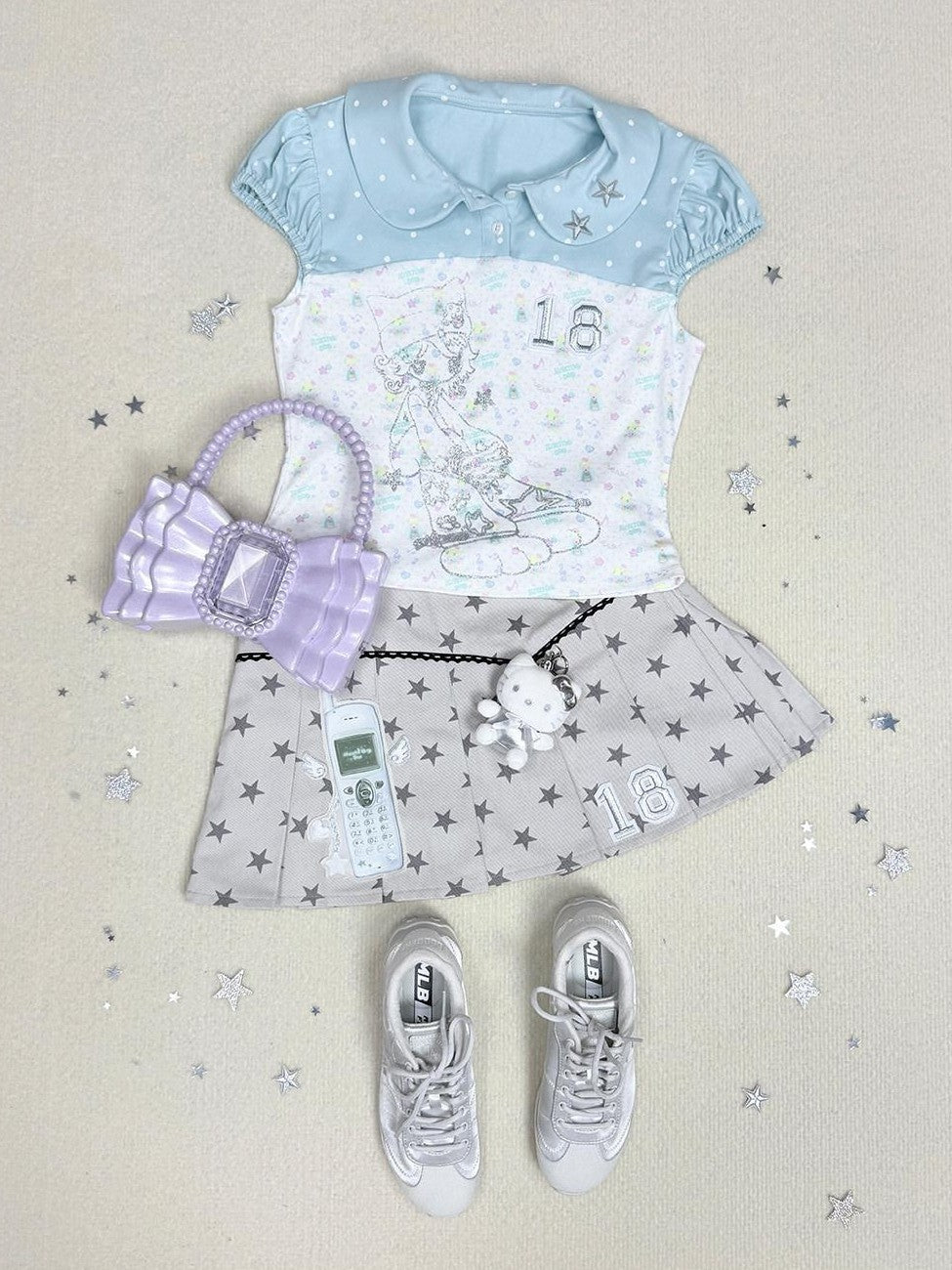 Hashtag DDD Aqua Green Print Doll Collar Puff Sleeve Women's Polyester Short Sleeve T-shirts